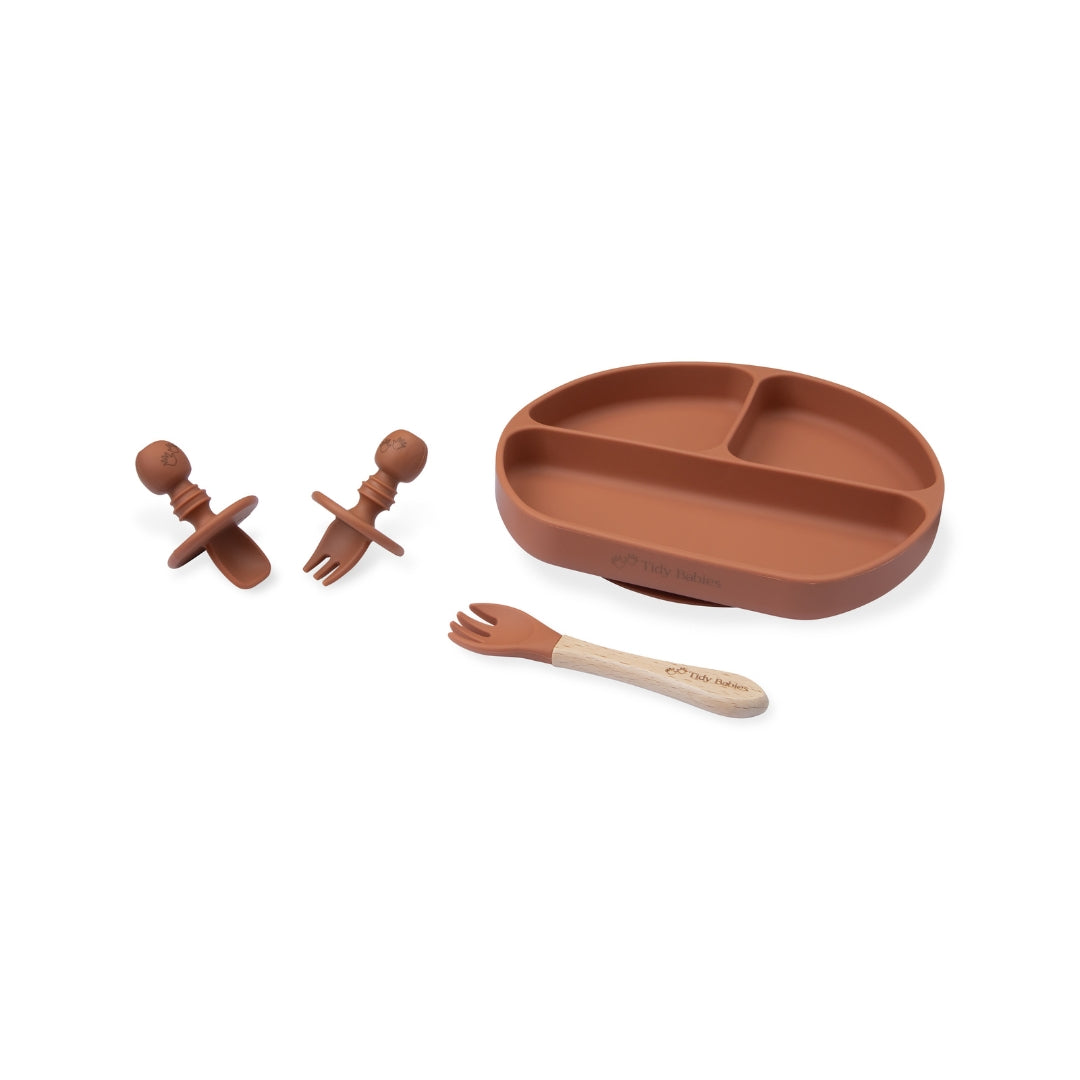 Baby Led Weaning Mealtime Feeding Set – 4 Piece Baby Silicone Bundle Silicone Bundles Terracotta Colored Silicone Baby Set Divided