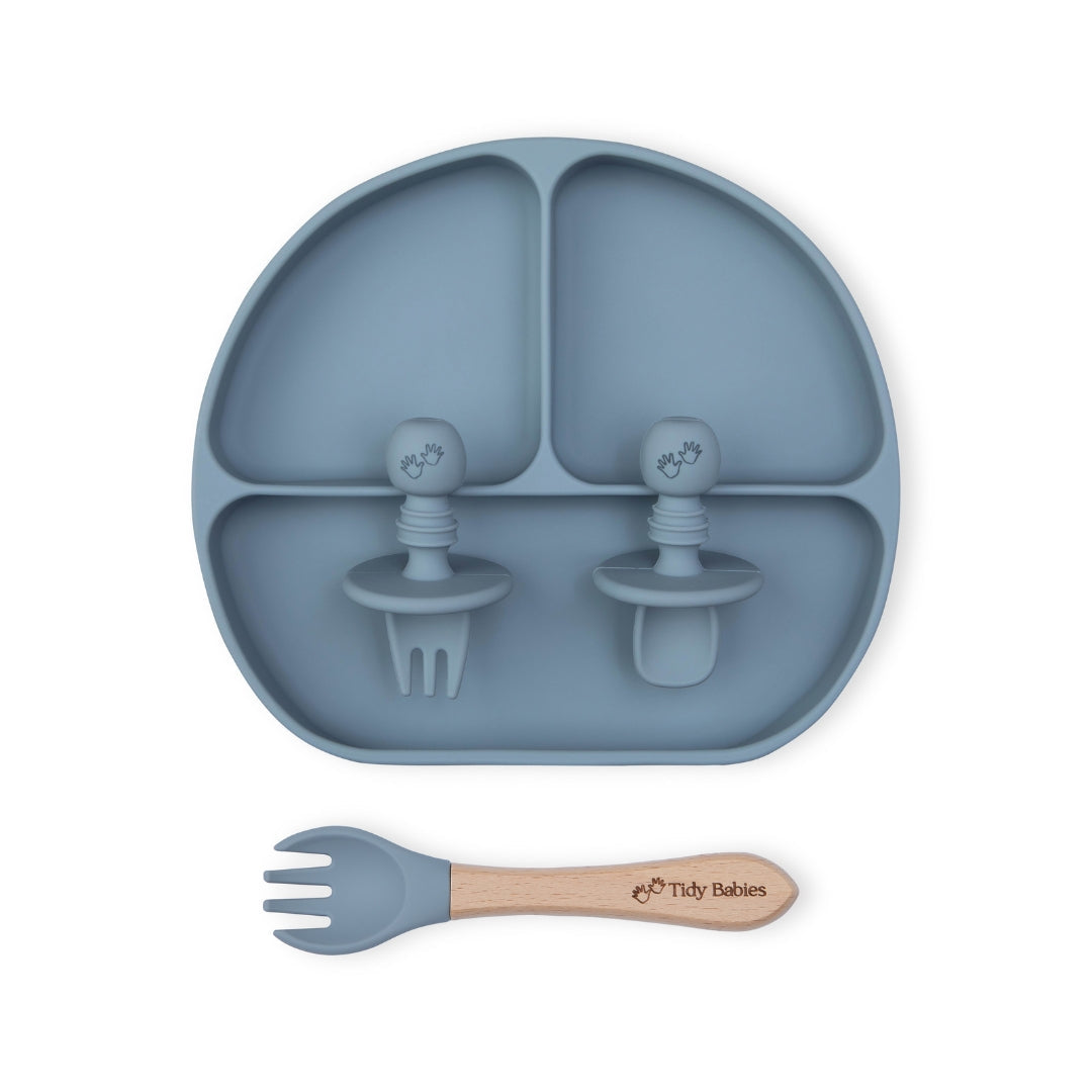 Baby Led Weaning Mealtime Feeding Set – 4 Piece Baby Silicone Bundle Slate Grey Silicone Bundles Silicone Divided Plate Suction Base