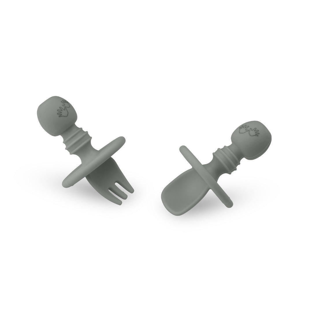 Gray silicone baby fork and spoon set for Baby Led Weaning and baby led weaning convenience