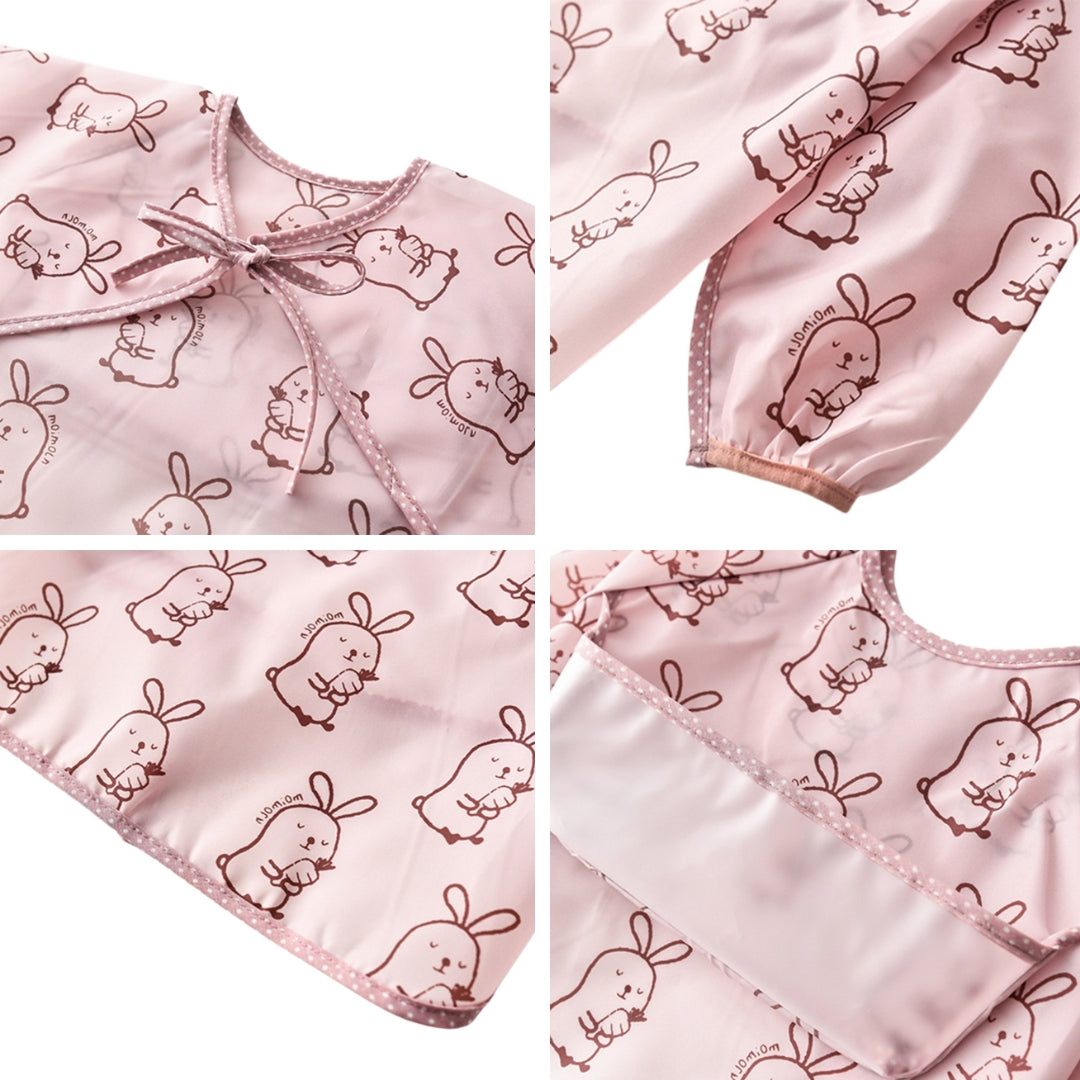 Pink baby bib with bunny pattern, perfect toddler apron smock for feeding and play
