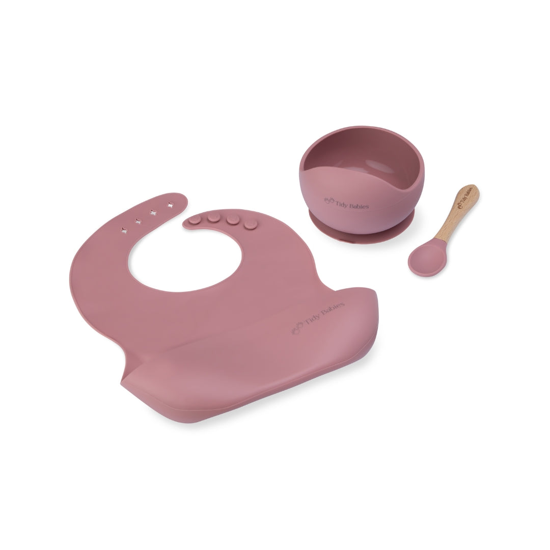 Basic Mealtime Feeding Set 3 Piece Baby Silicone Bundle Rose Pink Silicone Bundles Mauve Baby Set