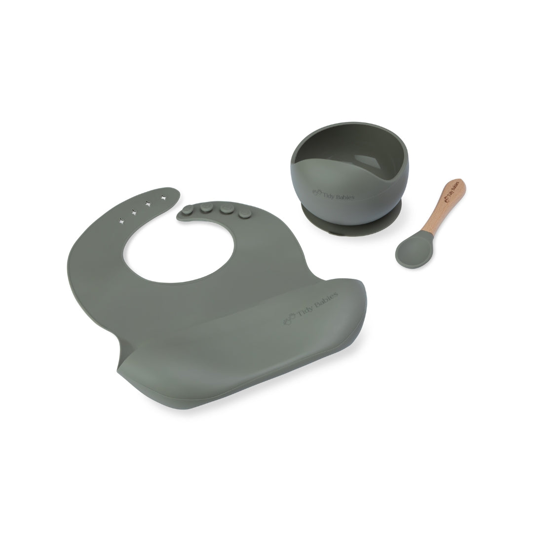 Basic Mealtime Feeding Set 3 Piece Baby Silicone Bundle Sage Green Silicone Bundles Gray Baby Set
