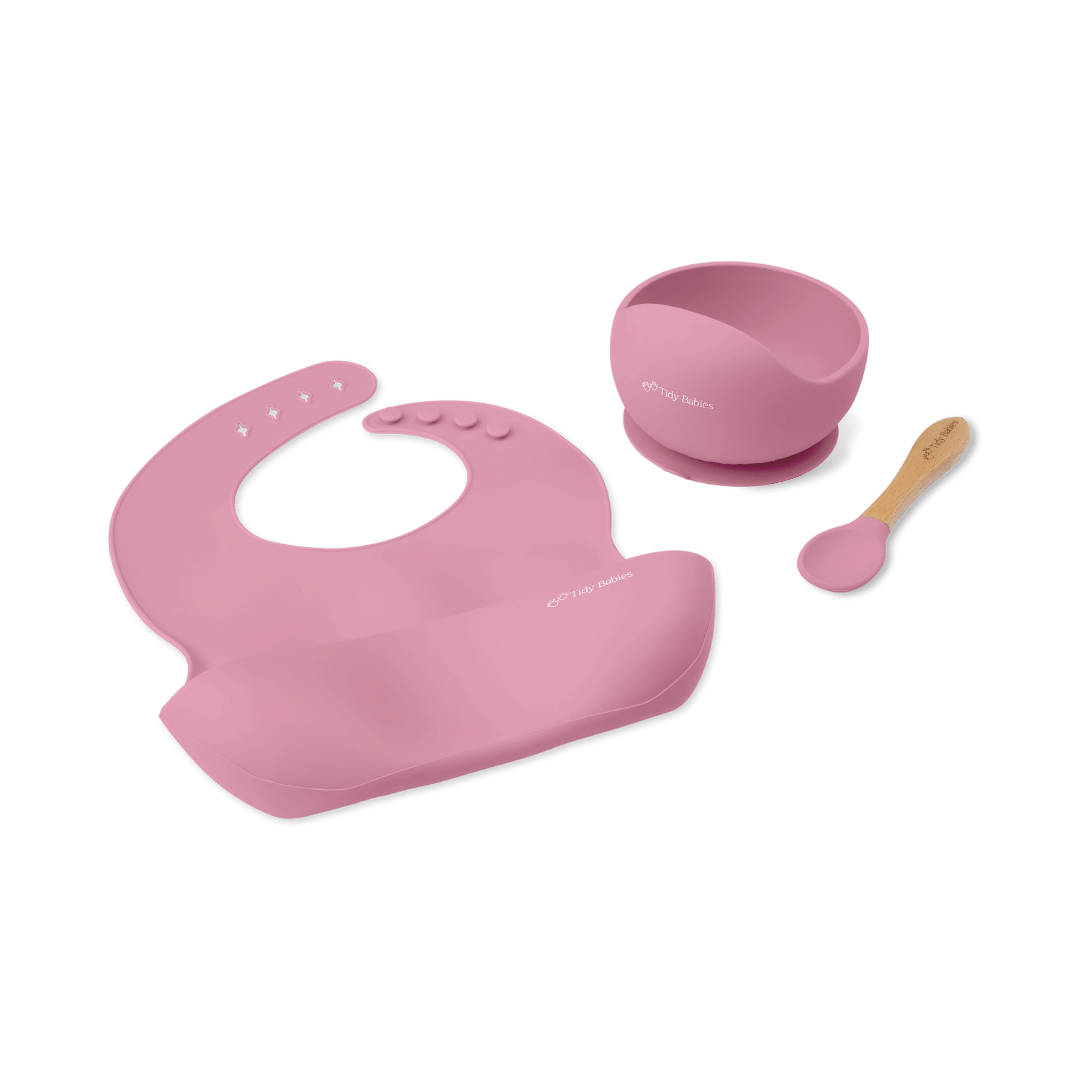 Mealtime Feeding Set - 3 Piece Beginner Baby Starter Silicone Bundle - Rose - Silicone Bundles