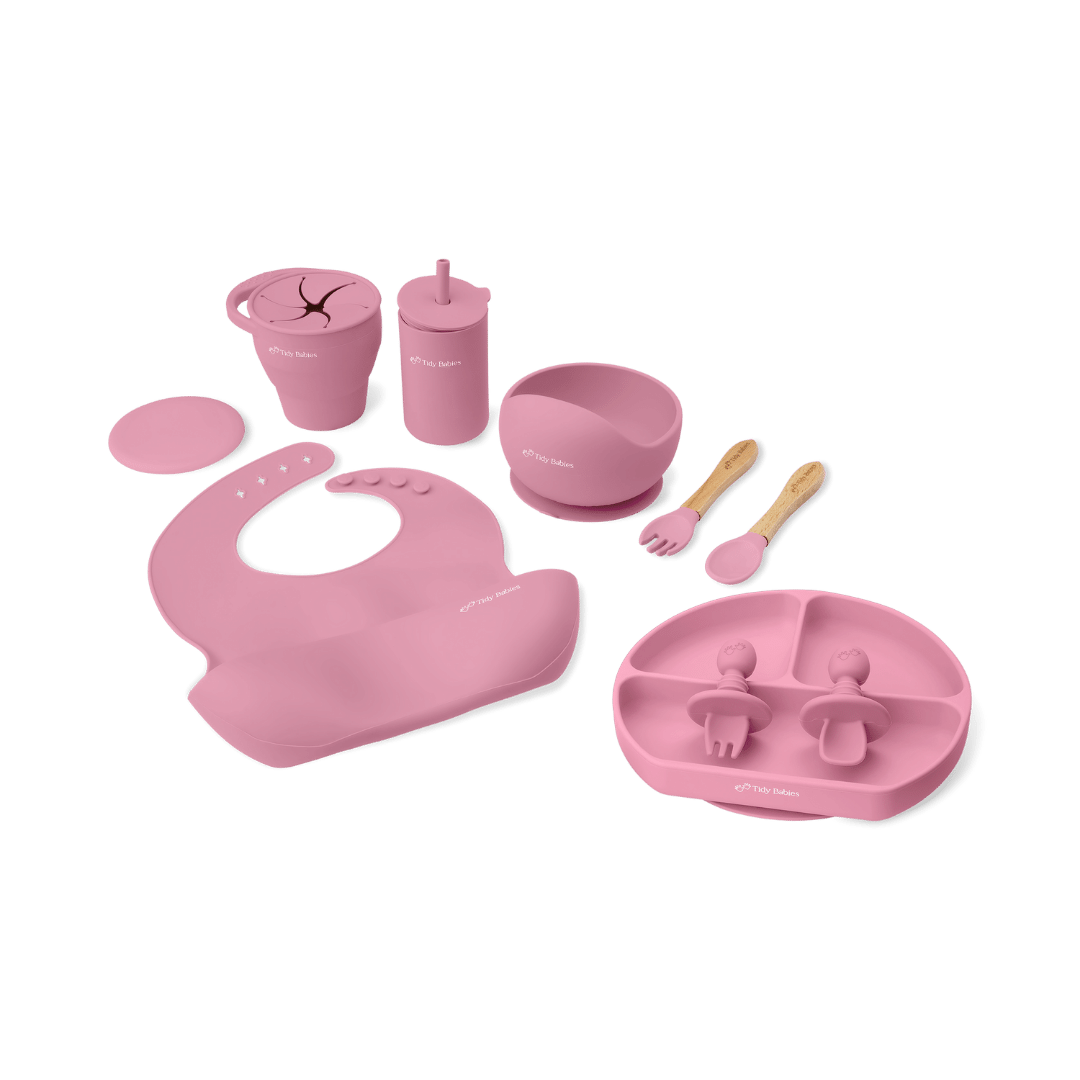 Mealtime Feeding Set - 9 Piece Ultimate Baby Silicone Bundle Solution - Rose - Silicone Bundles