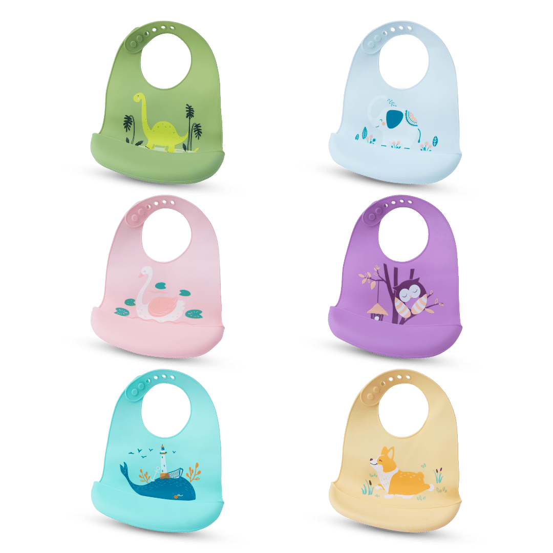 Silicone Baby Mealtime Feeding Bib With Cartoon Print Food Grade Safe - Silicone Bibs