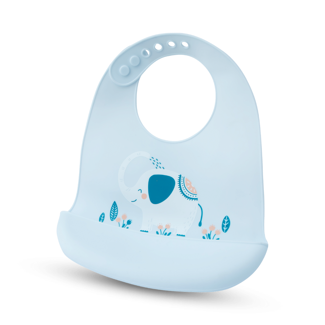 Silicone Baby Mealtime Feeding Bib With Cartoon Print Food Grade Safe - Grey Elephant - Silicone Bibs