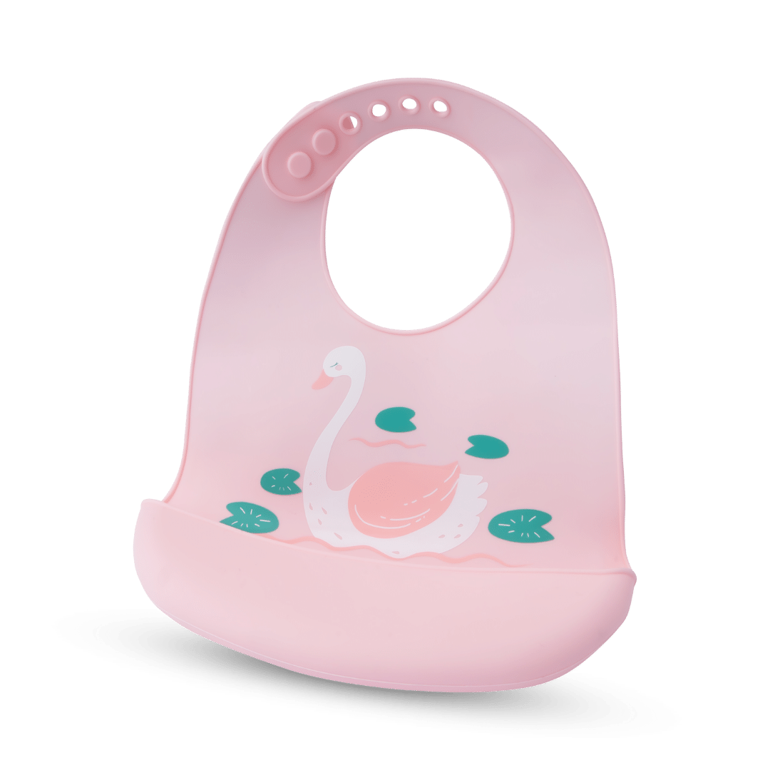 Silicone Baby Mealtime Feeding Bib With Cartoon Print Food Grade Safe - Pink Swan - Silicone Bibs