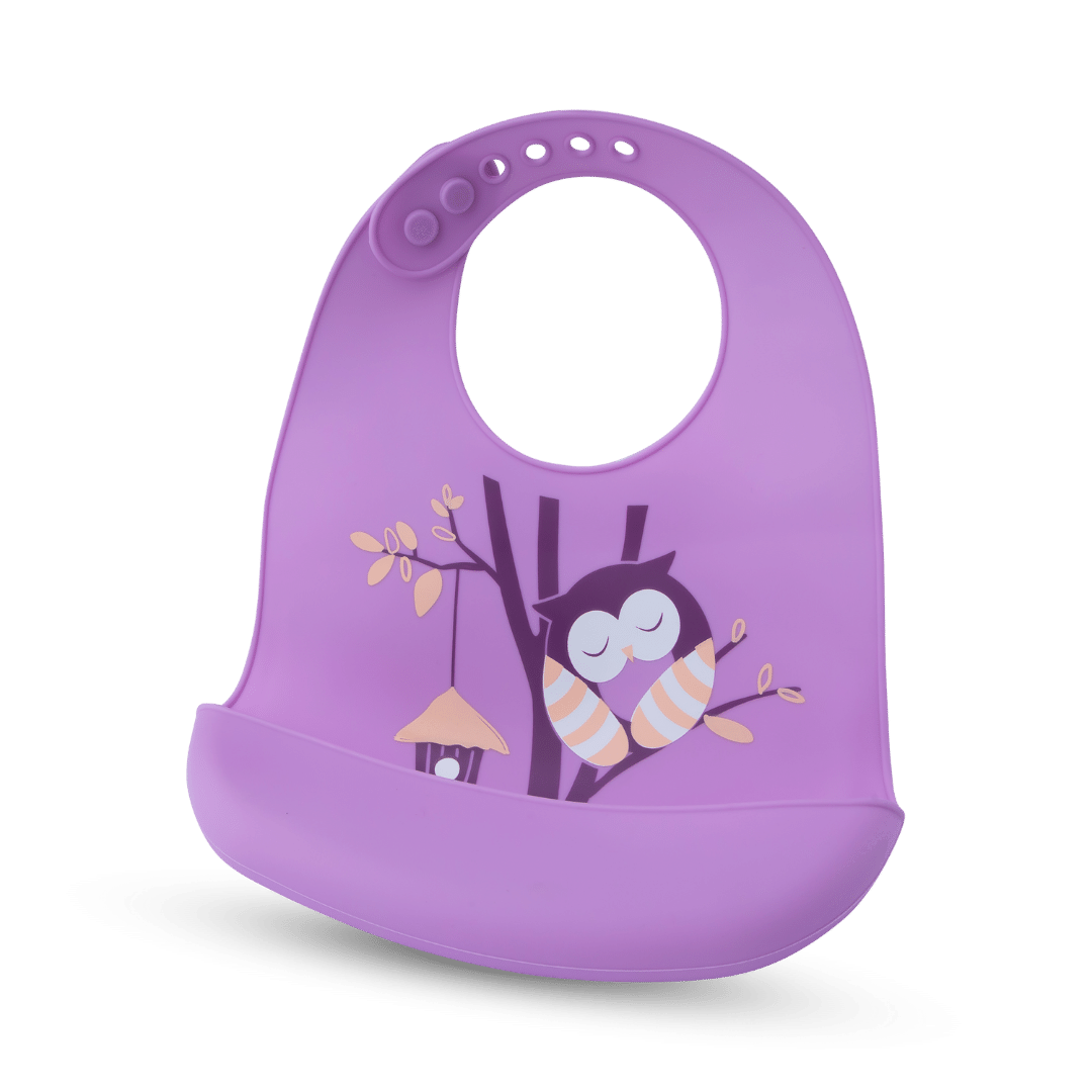 Silicone Baby Mealtime Feeding Bib With Cartoon Print Food Grade Safe - Purple Owl - Silicone Bibs