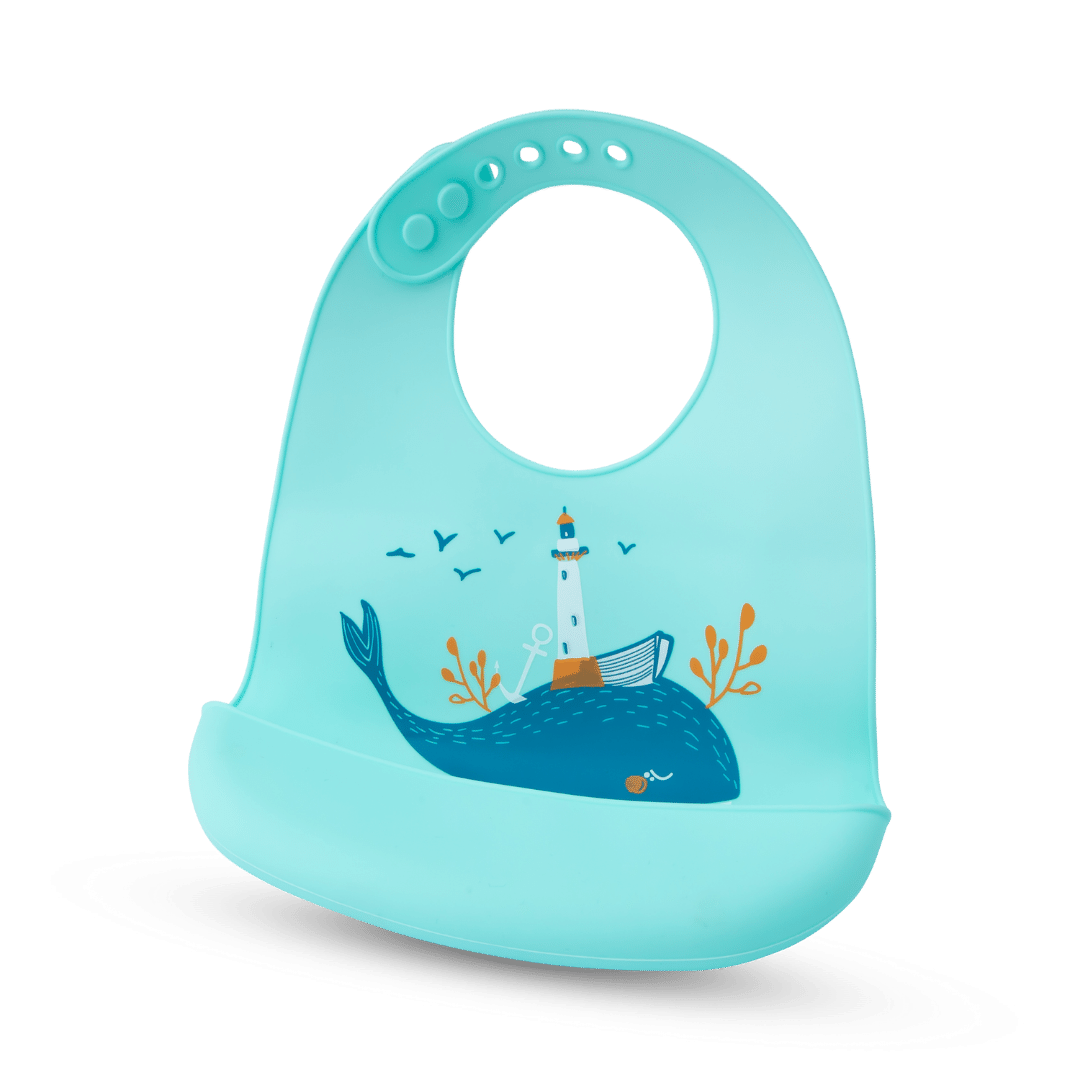 Silicone Baby Mealtime Feeding Bib With Cartoon Print Food Grade Safe - Teal Whale - Silicone Bibs