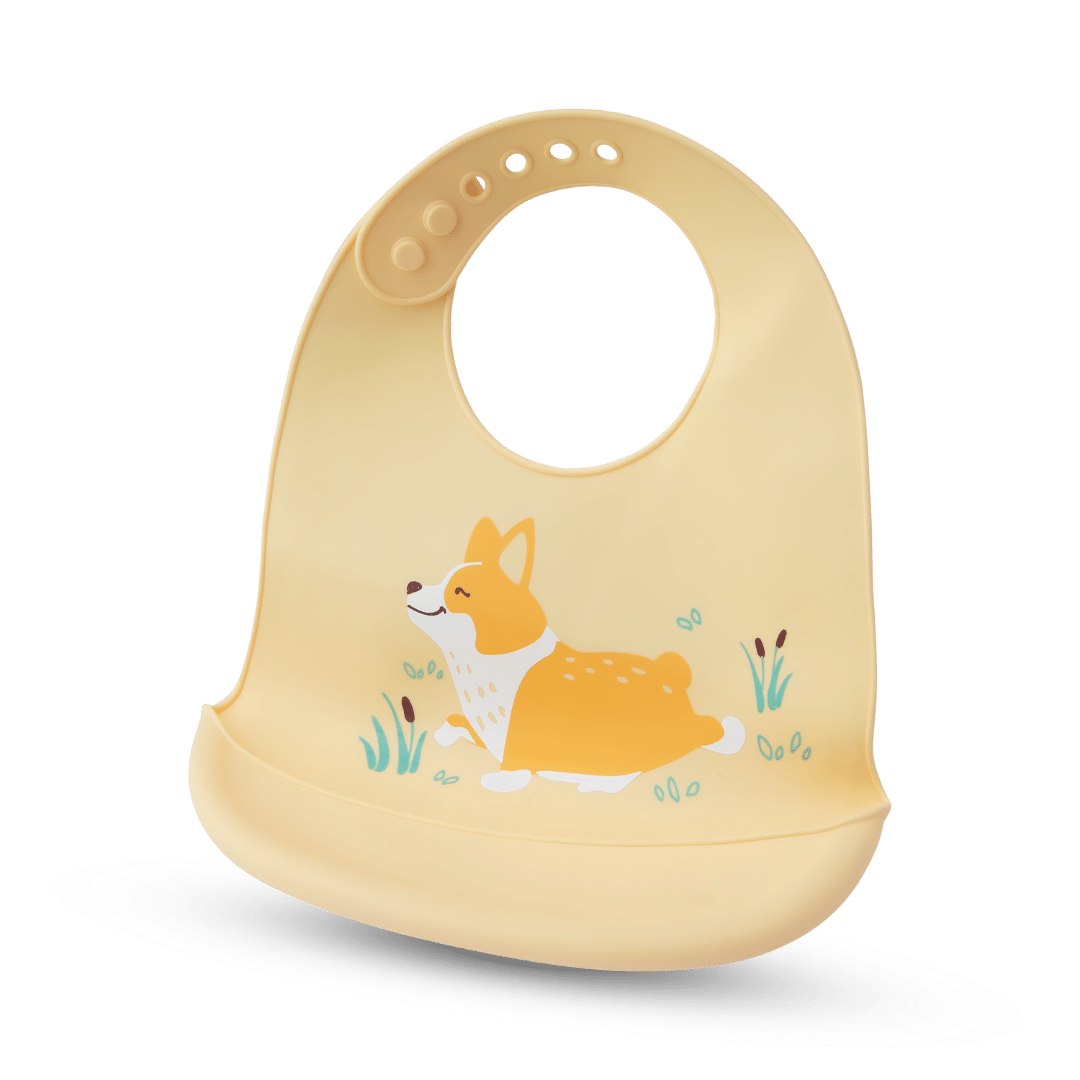 Silicone Baby Mealtime Feeding Bib With Cartoon Print Food Grade Safe - Yellow Corgi - Silicone Bibs