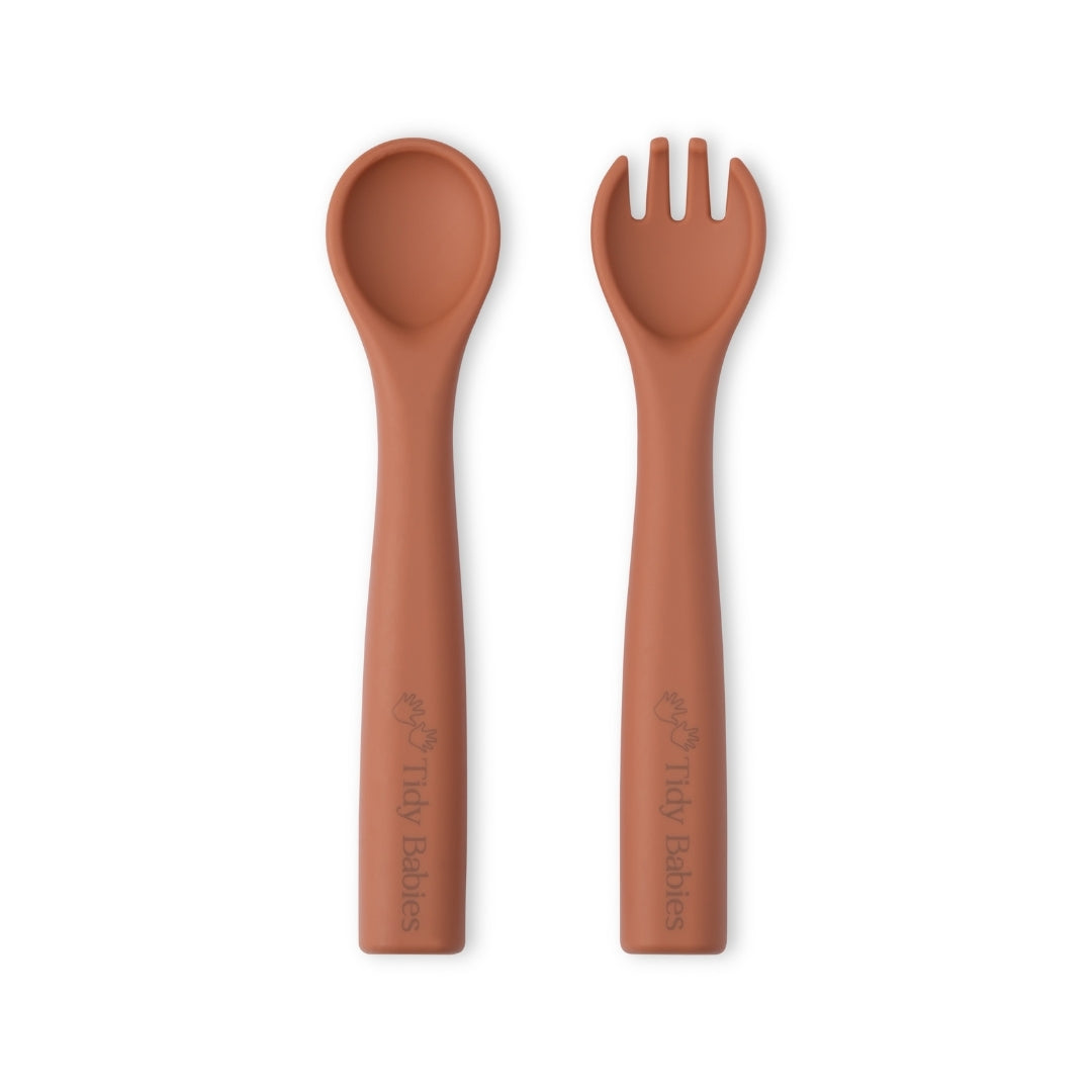 Silicone Baby Spoon & Fork Cutlery Set - Sienna Orange - Cutlery Silicone Baby Spoon & Fork Set – Soft Bpa-free Utensils for Self-feeding
