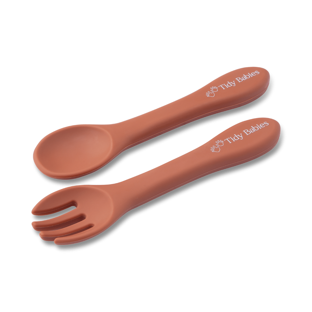 Silicone Baby Spoon & Fork Cutlery Set - Pair Of Perfect Blw Utensils - Sienna - Cutlery
