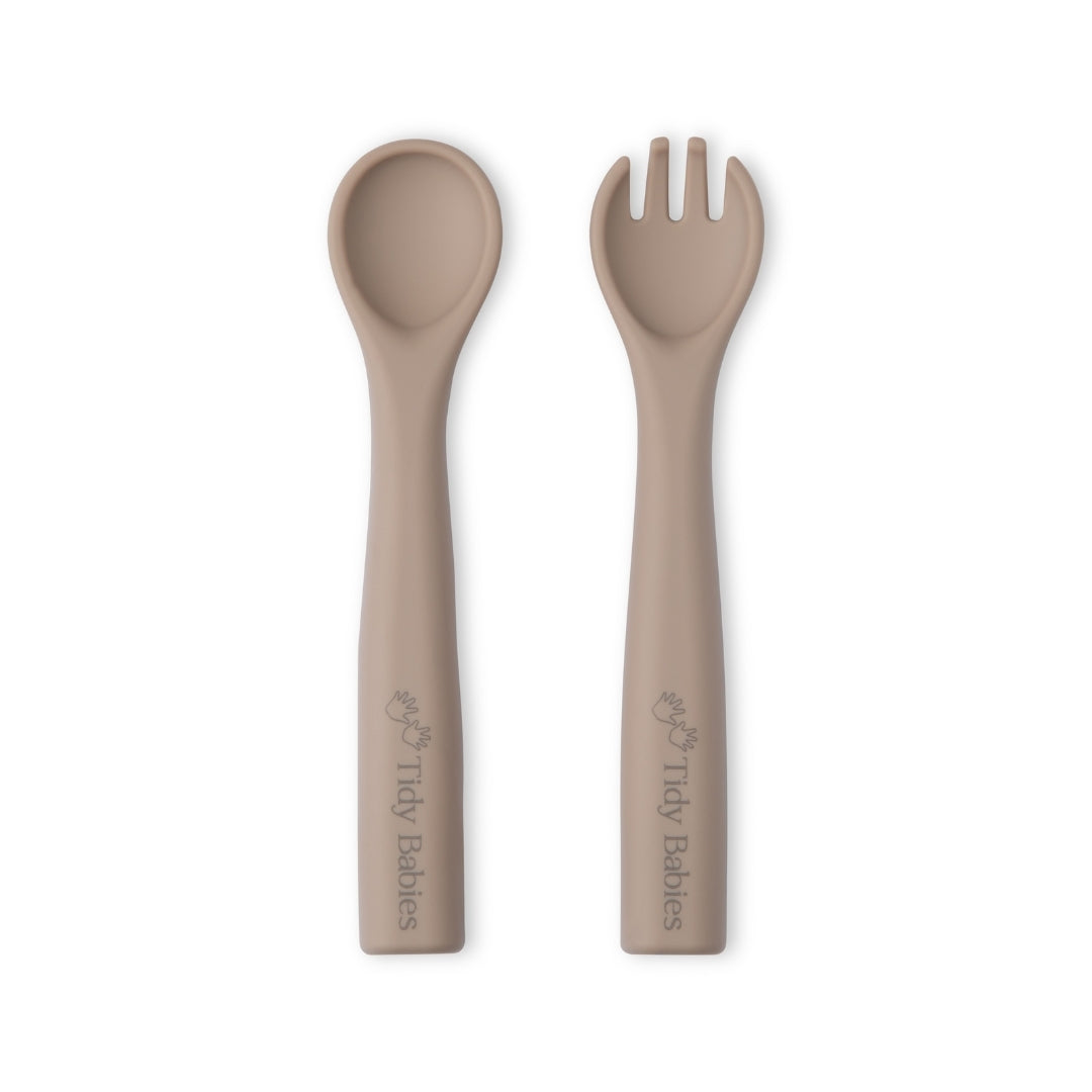 Silicone Baby Spoon & Fork Cutlery Set - Taupe Brown - Cutlery Silicone Baby Spoon & Fork Set – Soft Bpa-free Utensils for Self-feeding
