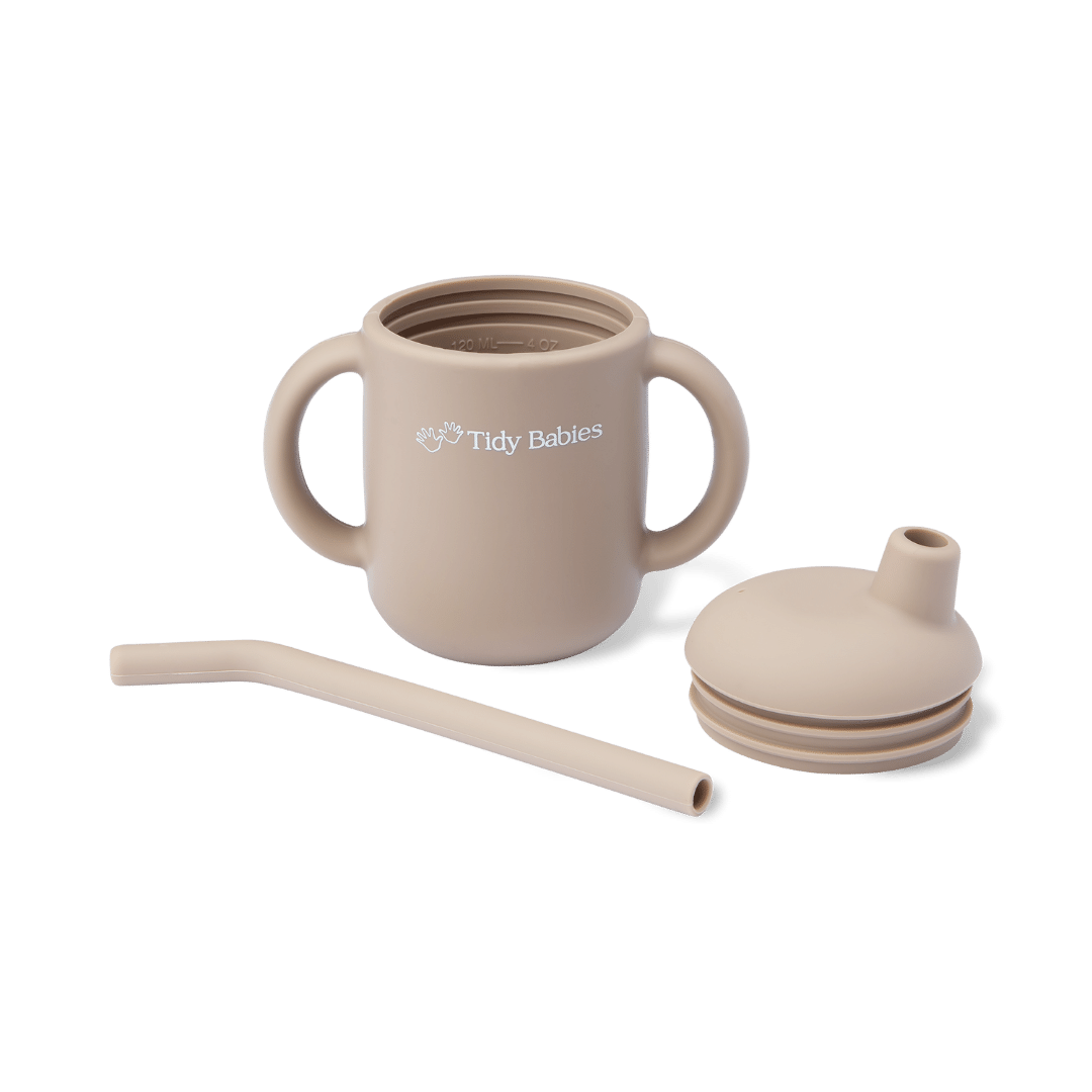 Silicone Baby Straw Sippy Drinking Cup With Handles & Fitted Lid - Taupe - Silicone Drinking Cups