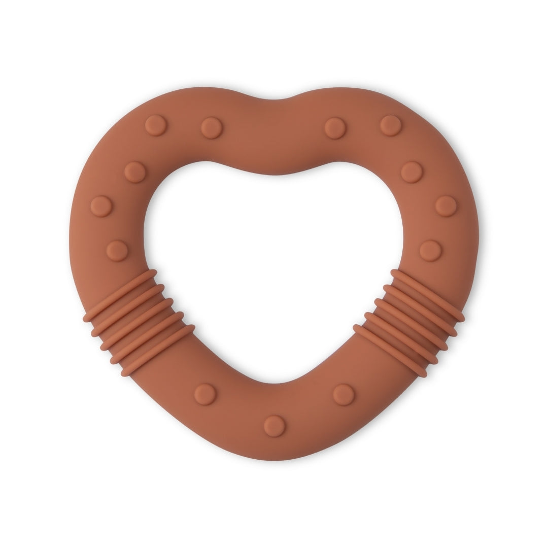 Heart-shaped brown silicone baby teether with textured bumps for soothing relief