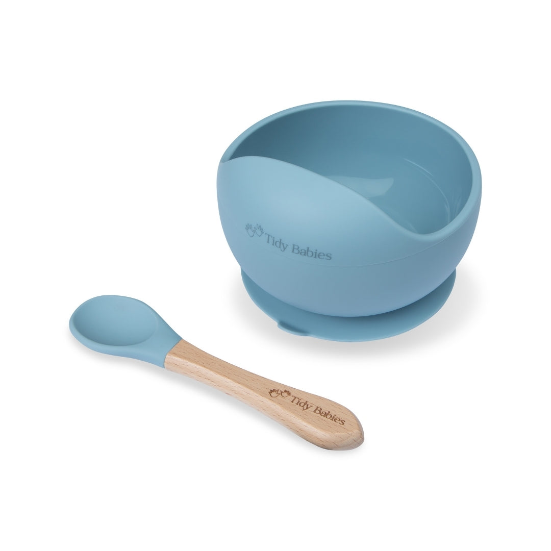 Silicone Suction Base Lip Bowl & Spoon Set - Sky Blue - Silicone Bowls Silicone Suction Mealtime Lip Bowl & Spoon – Bpa-free Baby Feeding