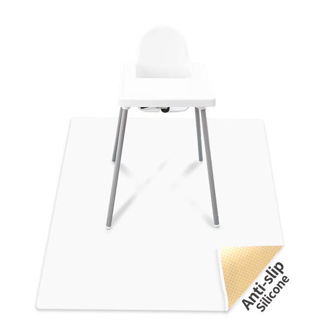 White high chair on water resistant Splat Mat Messy Floor Cover for easy cleanup