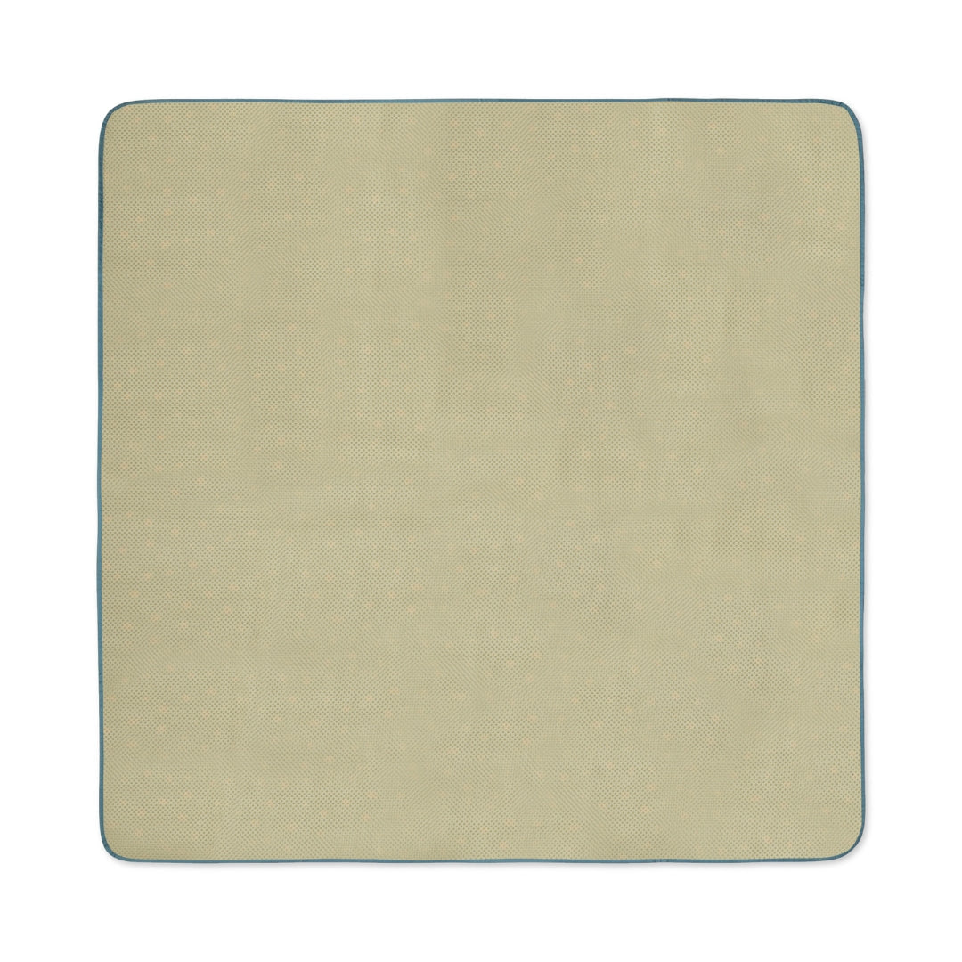 Square beige splat mat with blue trim, water resistant floor cover for messes