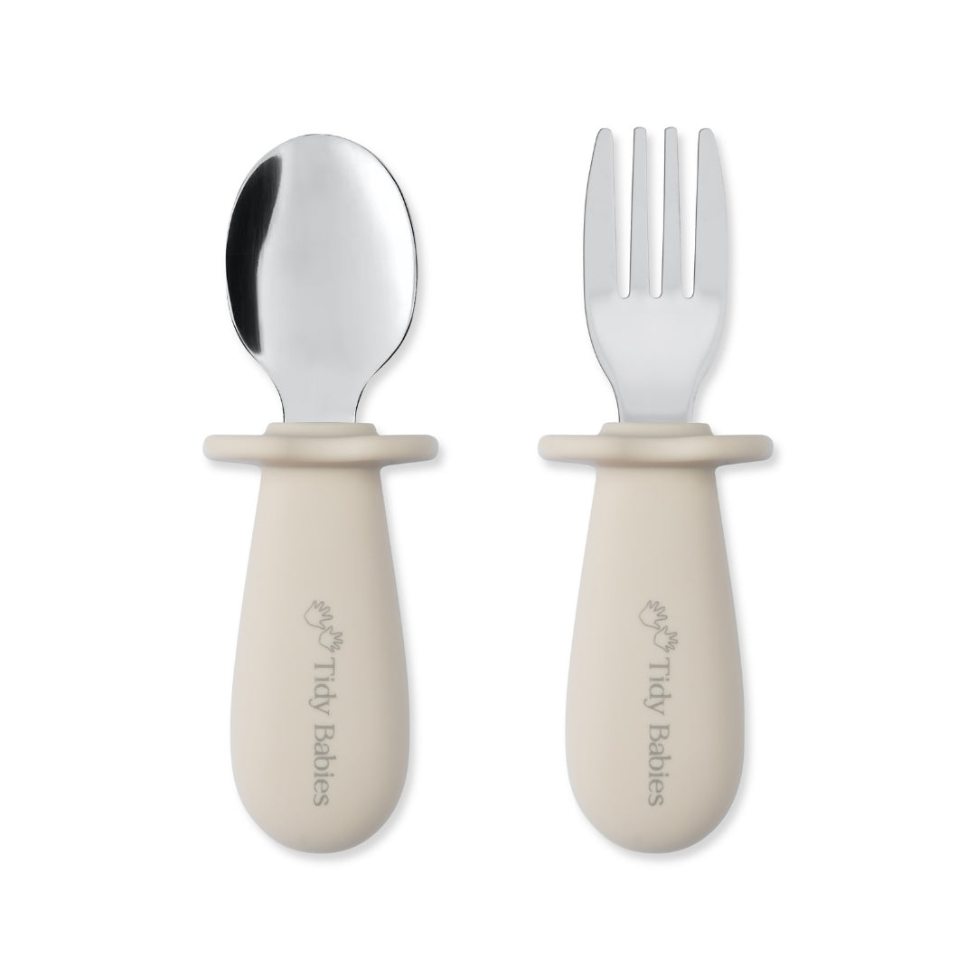 Stainless Steel & Silicone Handle Spoon & Fork Cutlery Set - Ivory Beige - Cutlery Stainless Steel Baby Cutlery Set – Bpa-free Silicone