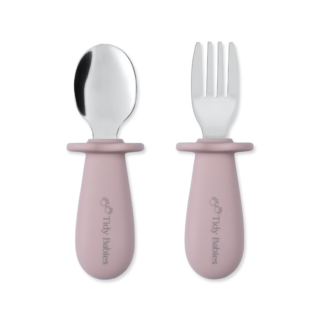 Stainless Steel & Silicone Handle Spoon & Fork Cutlery Set - Musk Pink - Cutlery Stainless Steel Baby Cutlery Set – Bpa-free Silicone