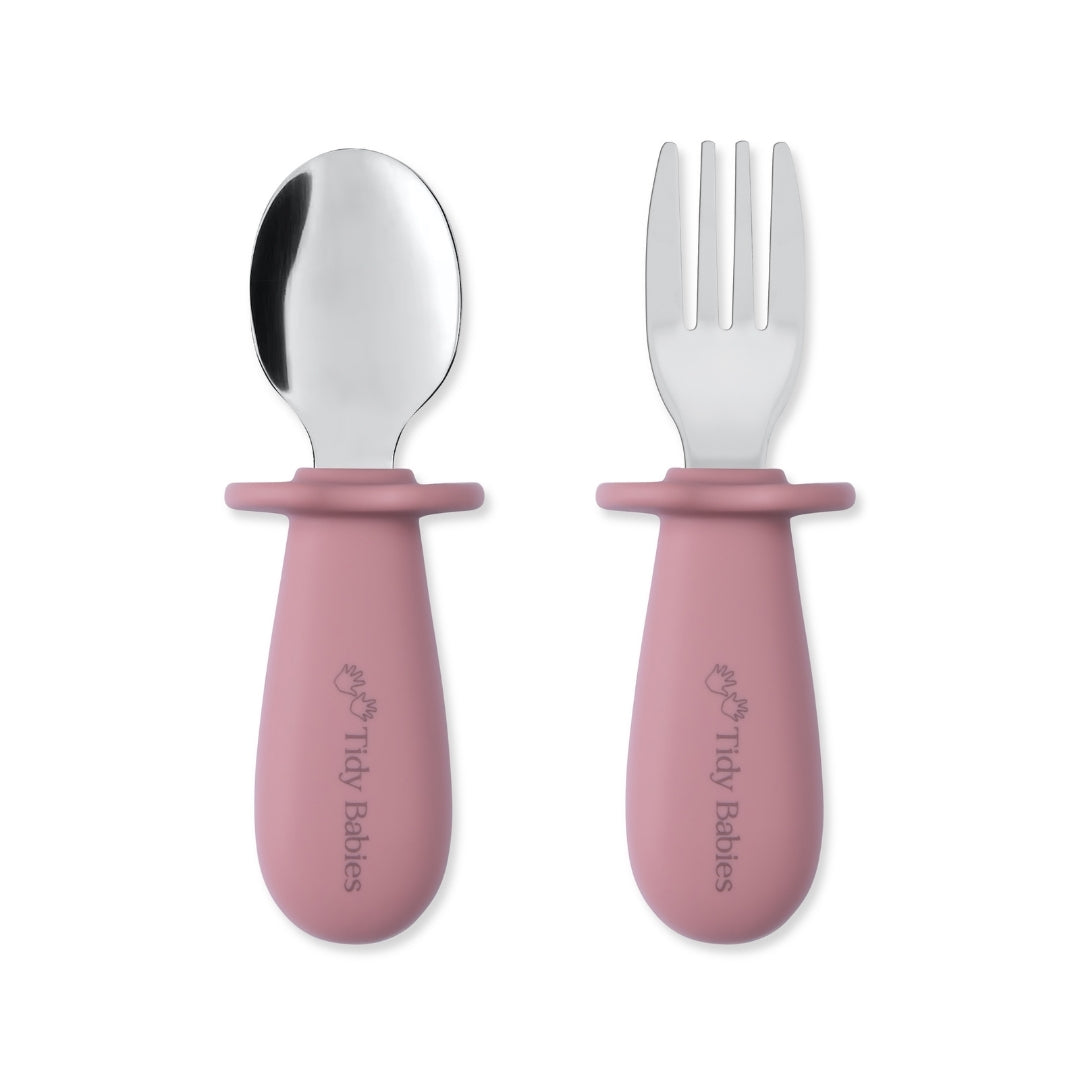 Stainless Steel & Silicone Handle Spoon & Fork Cutlery Set - Rose Pink - Cutlery Stainless Steel Baby Cutlery Set – Bpa-free Silicone