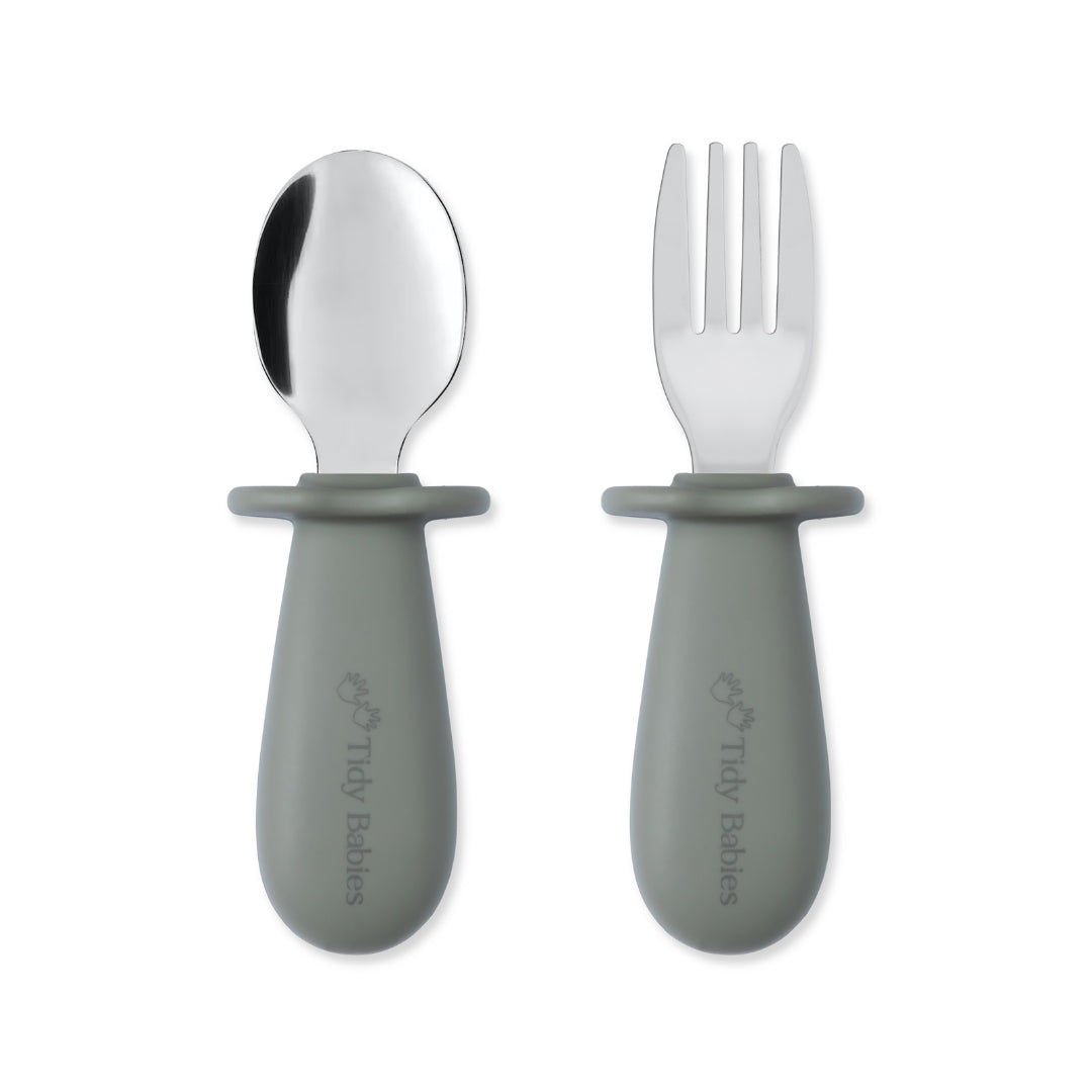 Stainless Steel & Silicone Handle Spoon & Fork Cutlery Set - Sage Green - Cutlery Stainless Steel Baby Cutlery Set – Bpa-free Silicone