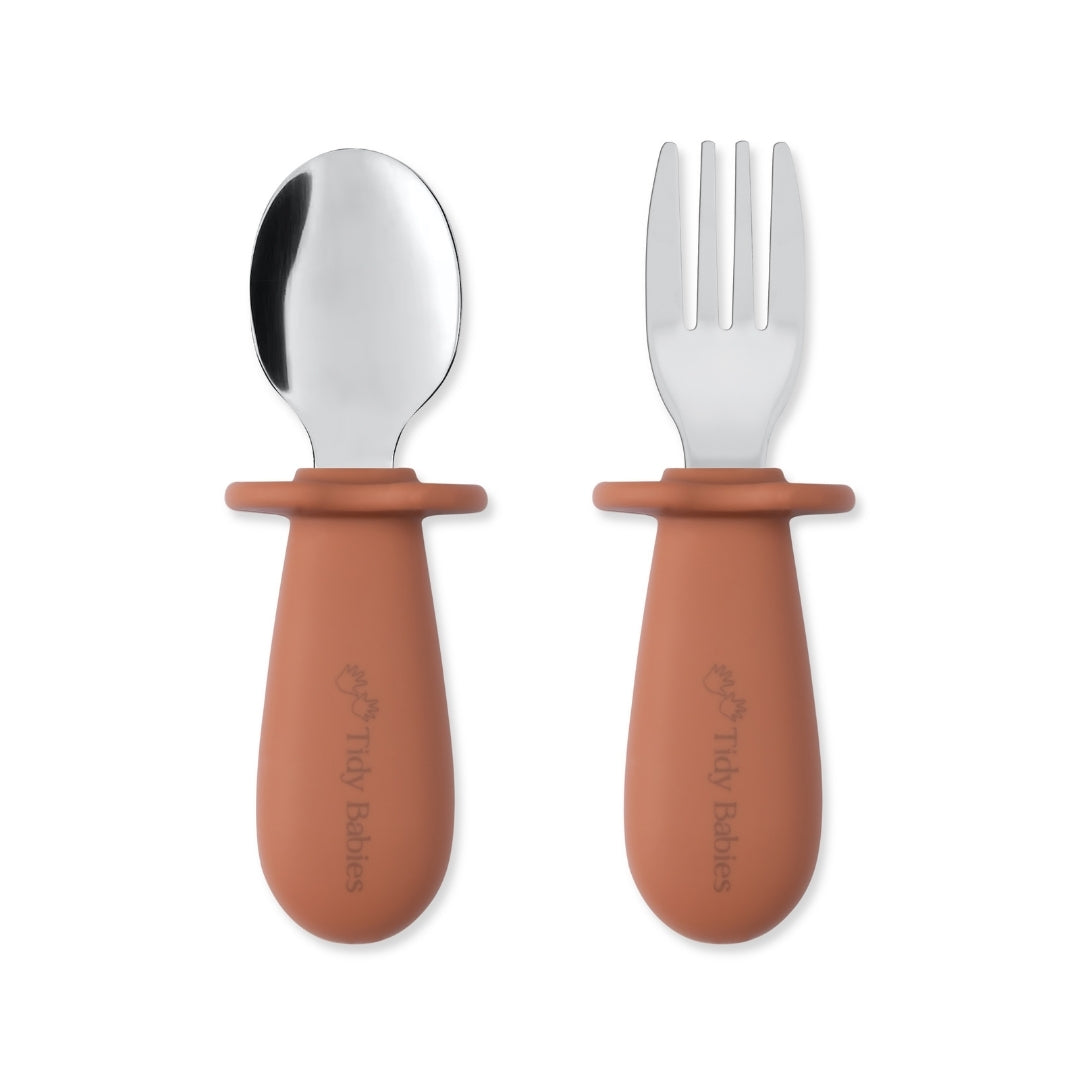 Stainless Steel & Silicone Handle Spoon & Fork Cutlery Set - Sienna Orange - Cutlery Stainless Steel Baby Cutlery Set – Bpa-free Silicone