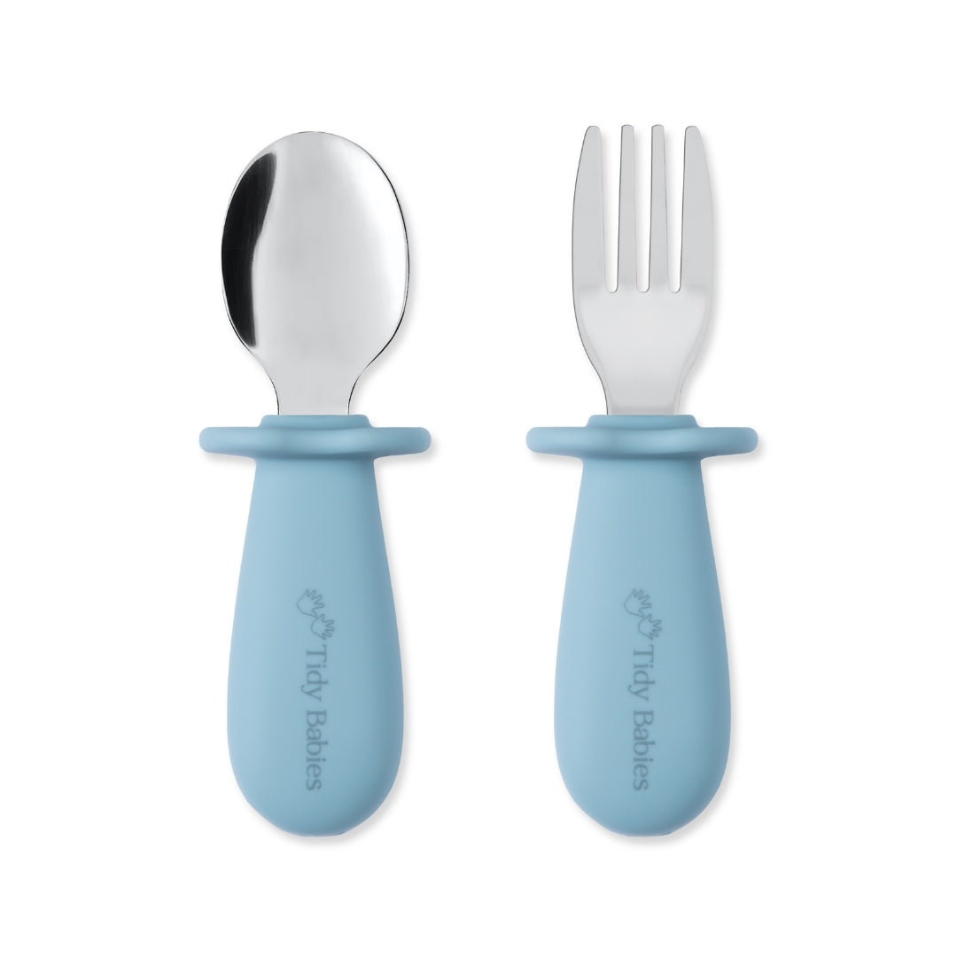 Stainless Steel & Silicone Handle Spoon & Fork Cutlery Set - Sky Blue - Cutlery Stainless Steel Baby Cutlery Set – Bpa-free Silicone Handles