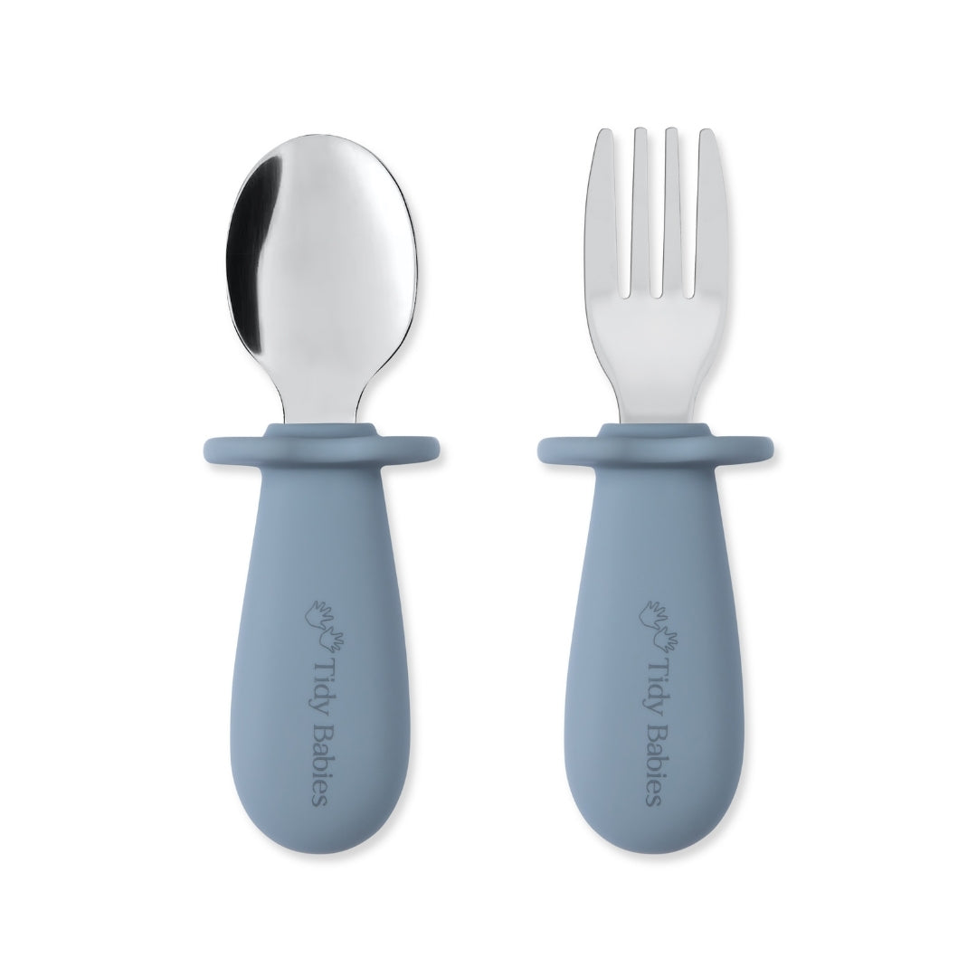 Stainless Steel & Silicone Handle Spoon & Fork Cutlery Set - Slate Grey - Cutlery Stainless Steel Baby Cutlery Set – Bpa-free Silicone