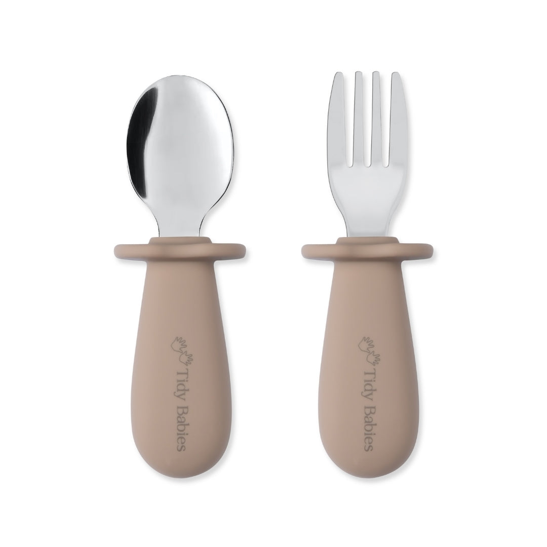 Stainless Steel & Silicone Handle Spoon & Fork Cutlery Set - Taupe Brown - Cutlery Stainless Steel Baby Cutlery Set – Bpa-free Silicone