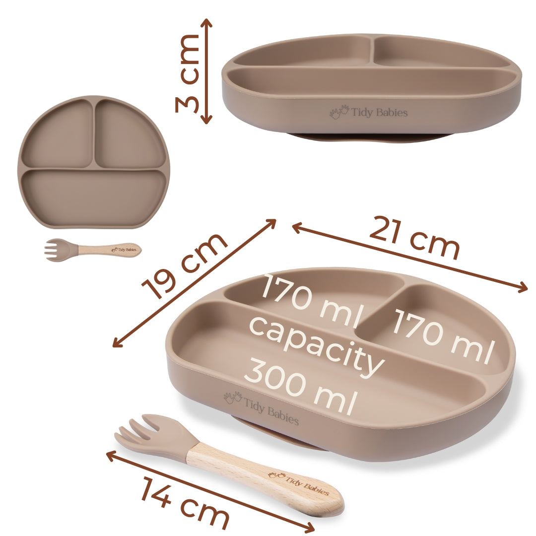 Ultimate Mealtime Feeding Set 8 Piece Baby Silicone Bundle Silicone Bundles Beige Three Compartment Silicone Baby Plate