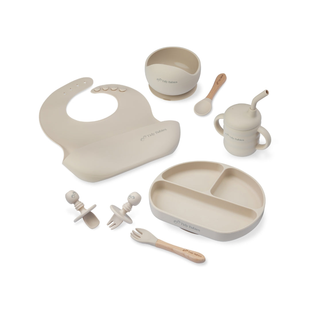 Ultimate Mealtime Feeding Set 8 Piece Baby Silicone Bundle Ivory Beige Silicone Bundles Complete Silicone Baby Set