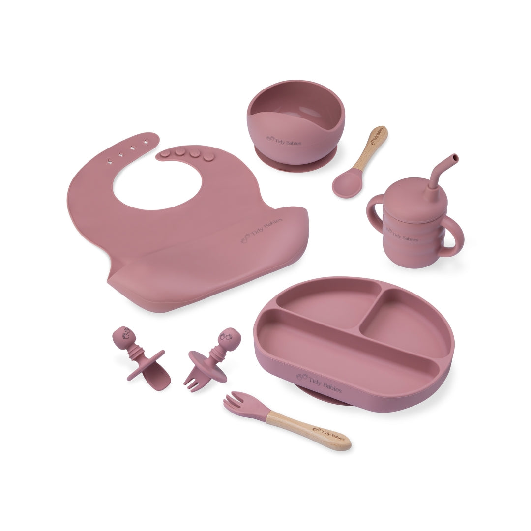 Ultimate Mealtime Feeding Set 8 Piece Baby Silicone Bundle Rose Pink Silicone Bundles Complete Set Baby Essentials Soft