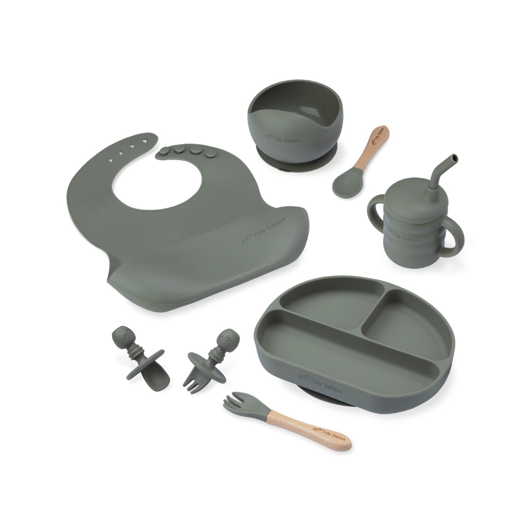 Ultimate Mealtime Feeding Set 8 Piece Baby Silicone Bundle Sage Green Silicone Bundles Dark Grey Silicone Baby Set