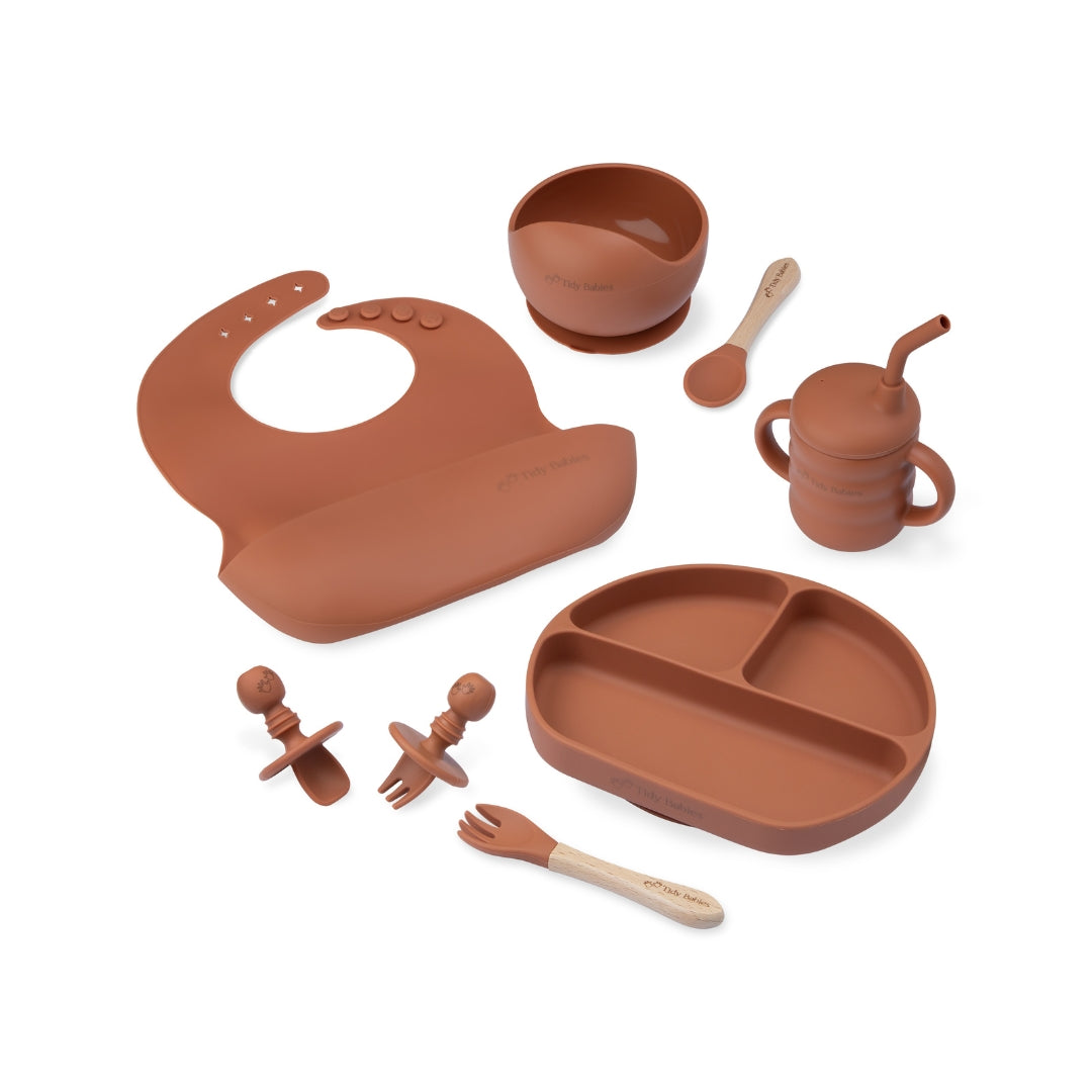 Ultimate Mealtime Feeding Set 8 Piece Baby Silicone Bundle Sienna Orange Silicone Bundles Terracotta Colored Silicone Baby Set