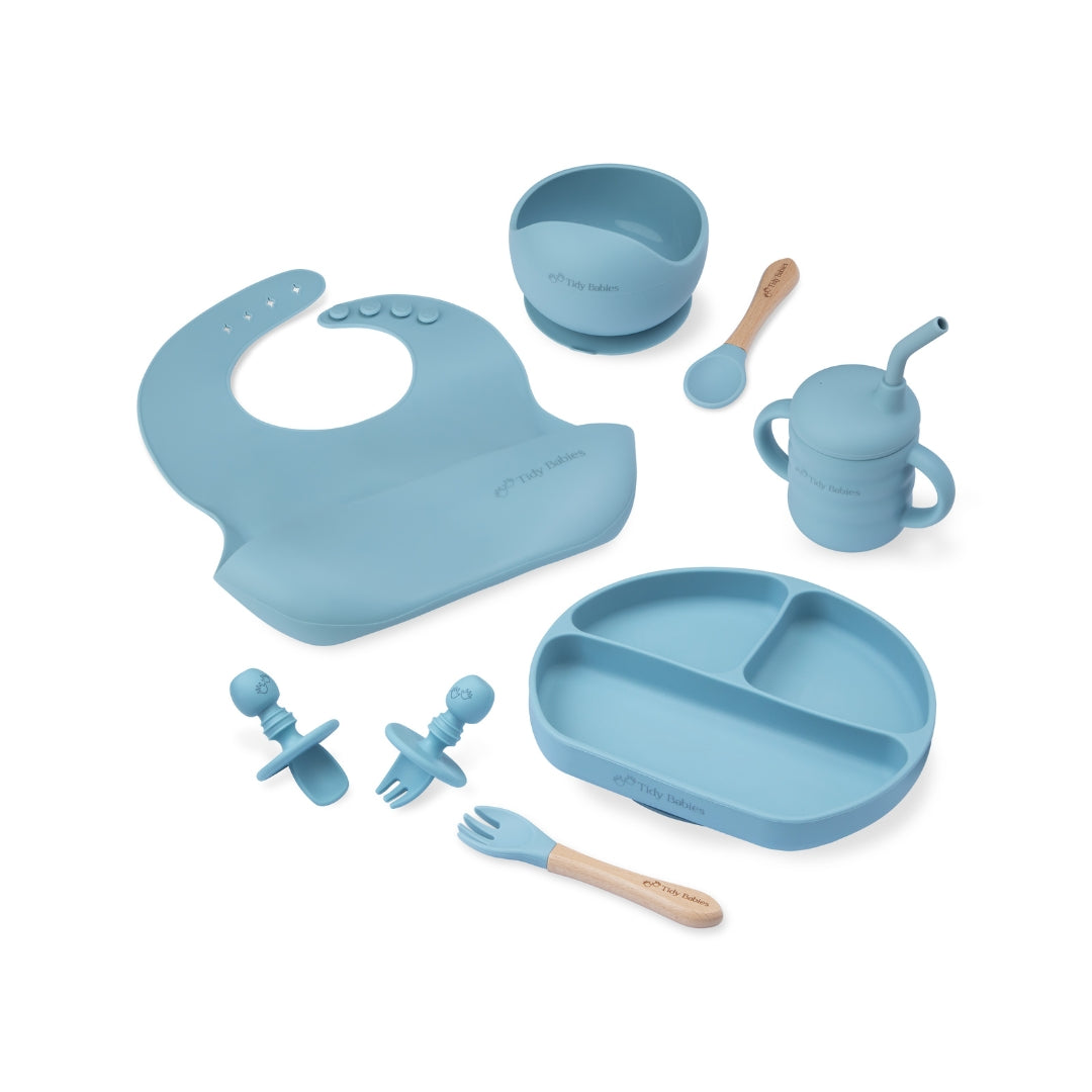 Ultimate Mealtime Feeding Set 8 Piece Baby Silicone Bundle Sky Blue Silicone Bundles Baby Blue Silicone Set