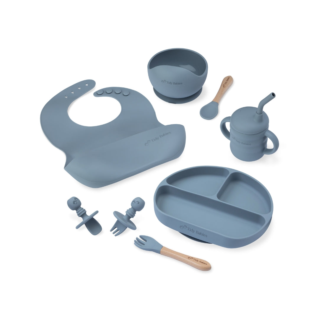 Ultimate Mealtime Feeding Set 8 Piece Baby Silicone Bundle Slate Grey Silicone Bundles Complete Silicone Baby Set Dusty