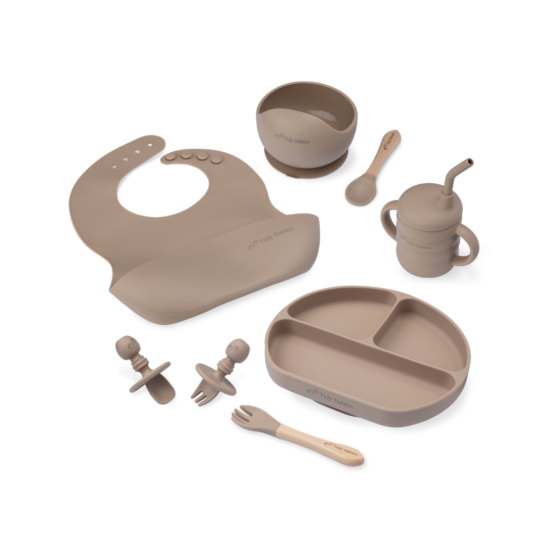 Ultimate Mealtime Feeding Set 8 Piece Baby Silicone Bundle Taupe Brown Silicone Bundles Complete Silicone Baby Set Neutral