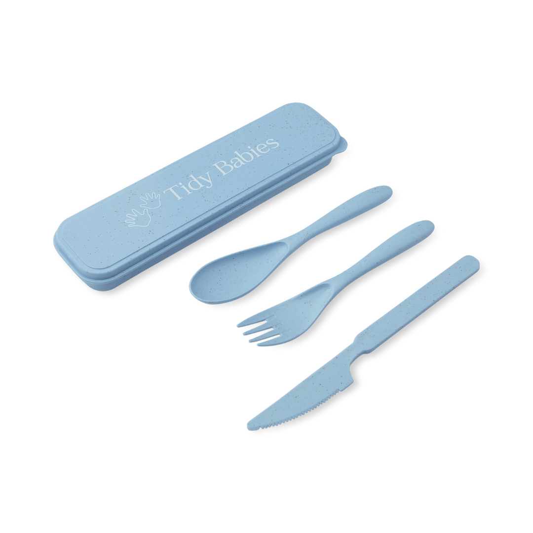 Wheat Straw Fibre Travel Cutlery Set Spoon Fork Knife & Travel Case - Blue - Cutlery