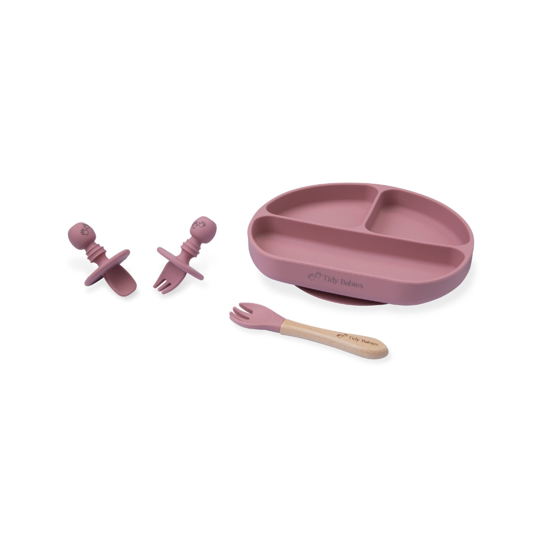 Baby Led Weaning Mealtime Feeding Set – 4 Piece Baby Silicone Bundle Silicone Bundles Silicone Baby Set Dusty Pink