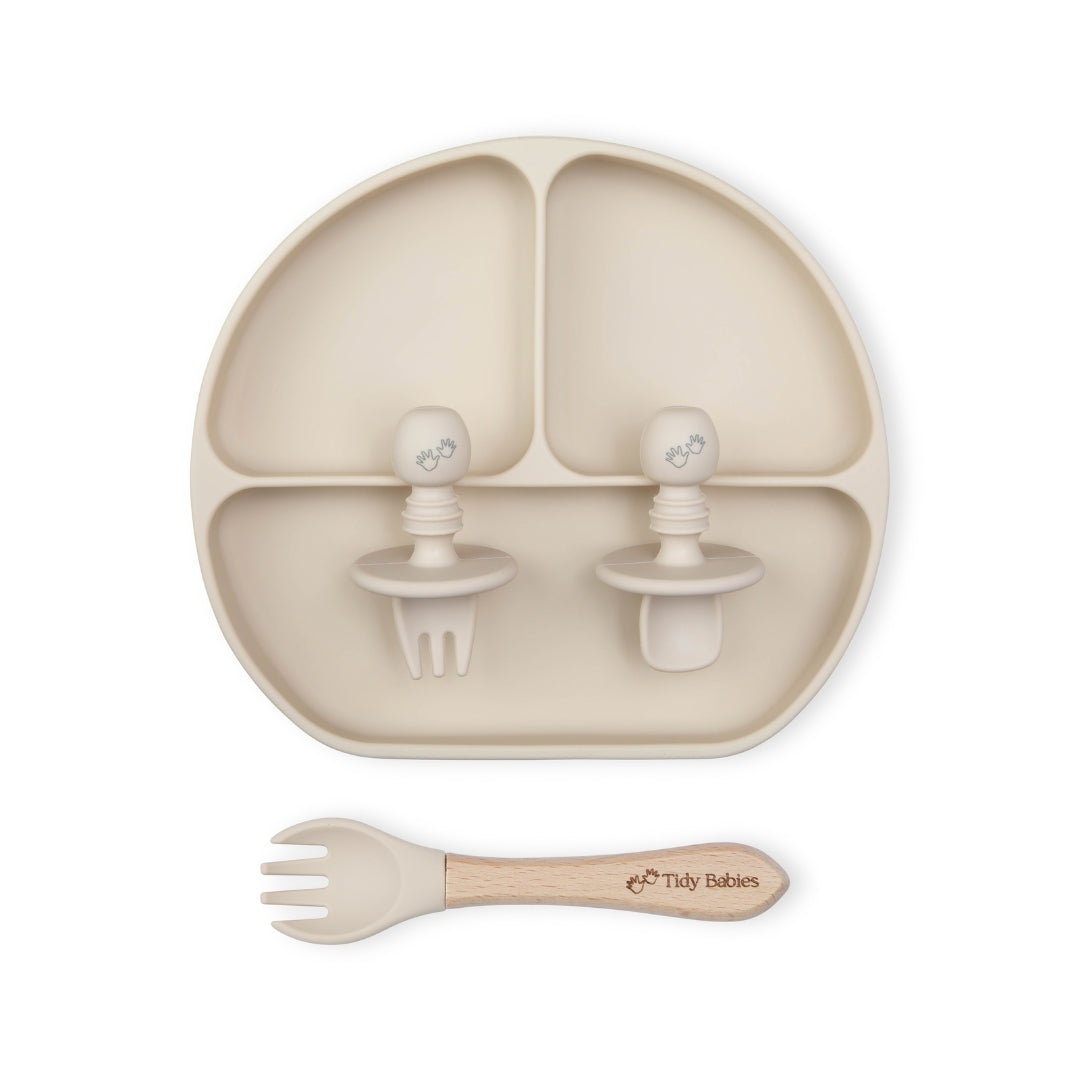 Baby Led Weaning Mealtime Feeding Set – 4 Piece Baby Silicone Bundle Ivory Beige Silicone Bundles Pale Beige Silicone Divided Plate