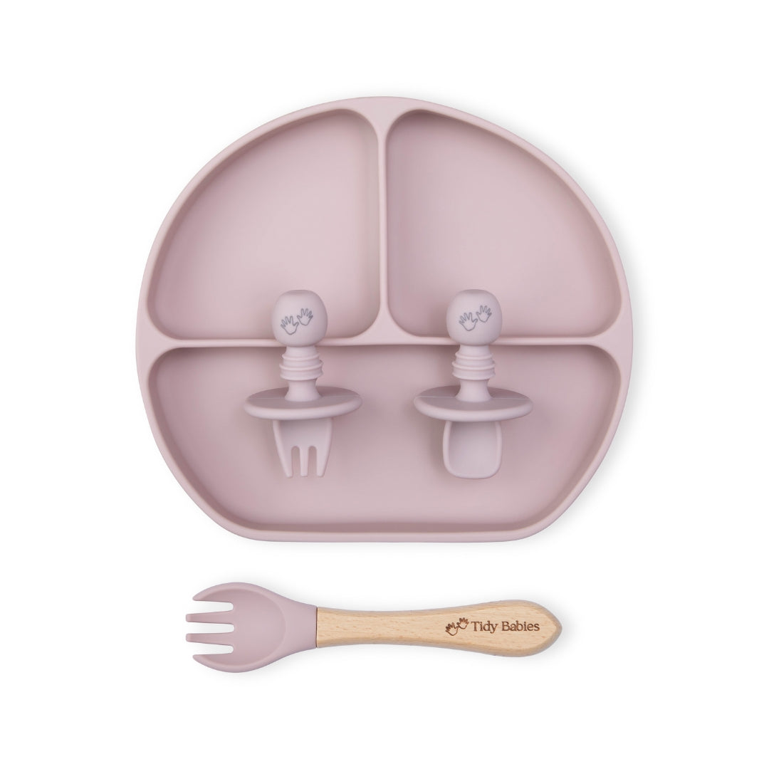 Baby Led Weaning Mealtime Feeding Set – 4 Piece Baby Silicone Bundle Musk Pink Silicone Bundles Pink Silicone Divided Baby Plate