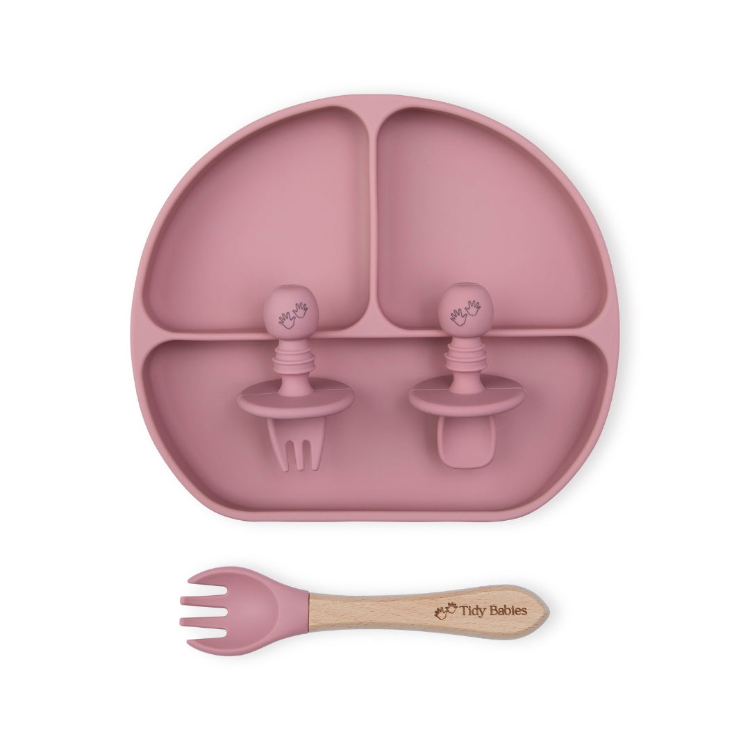 Baby Led Weaning Mealtime Feeding Set – 4 Piece Baby Silicone Bundle Rose Pink Silicone Bundles Pink Silicone Divided Suction Plate