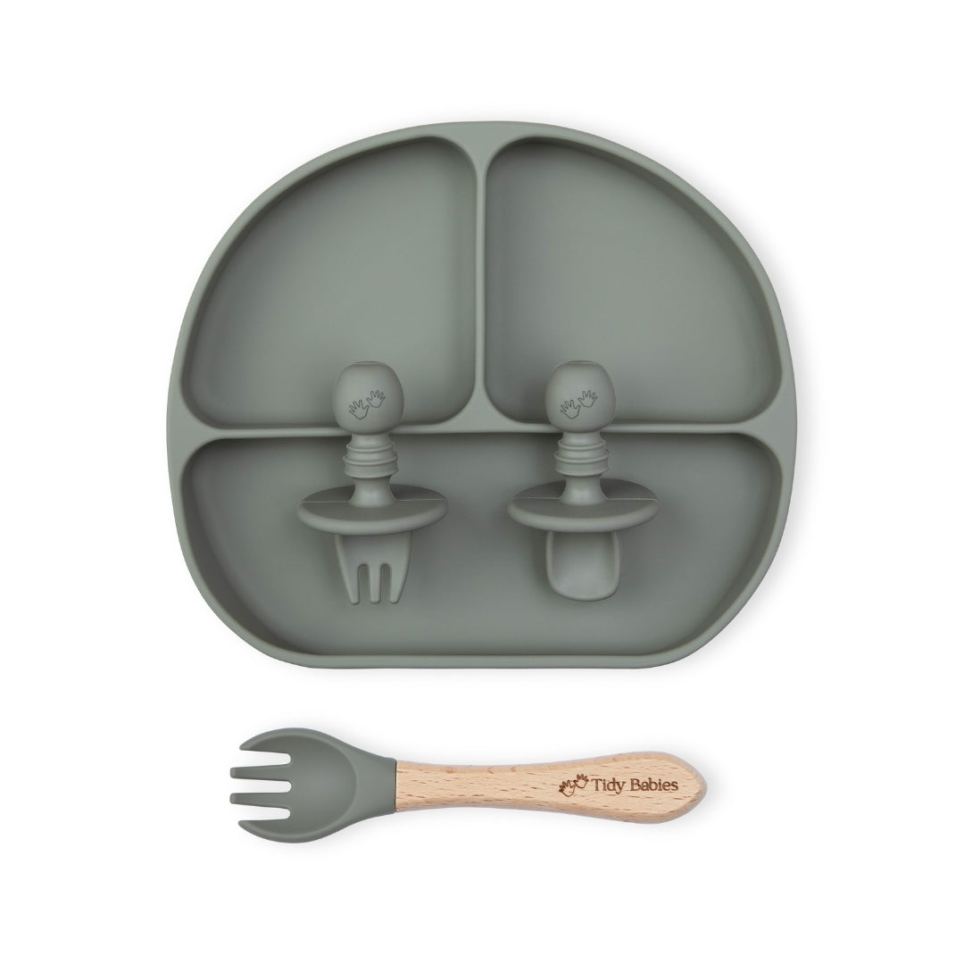 Baby Led Weaning Mealtime Feeding Set – 4 Piece Baby Silicone Bundle Sage Green Silicone Bundles Segmented Silicone Baby Plate Two