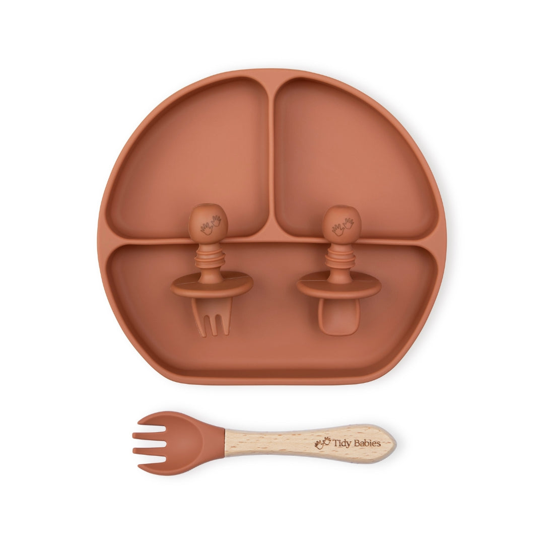 Baby Led Weaning Mealtime Feeding Set – 4 Piece Baby Silicone Bundle Sienna Orange Silicone Bundles Rust Colored Silicone Divided Baby Plate