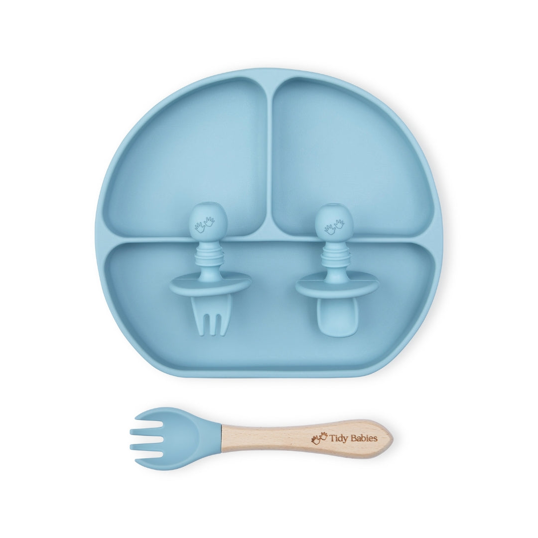 Baby Led Weaning Mealtime Feeding Set – 4 Piece Baby Silicone Bundle Sky Blue Silicone Bundles Light Blue Silicone Divided Baby