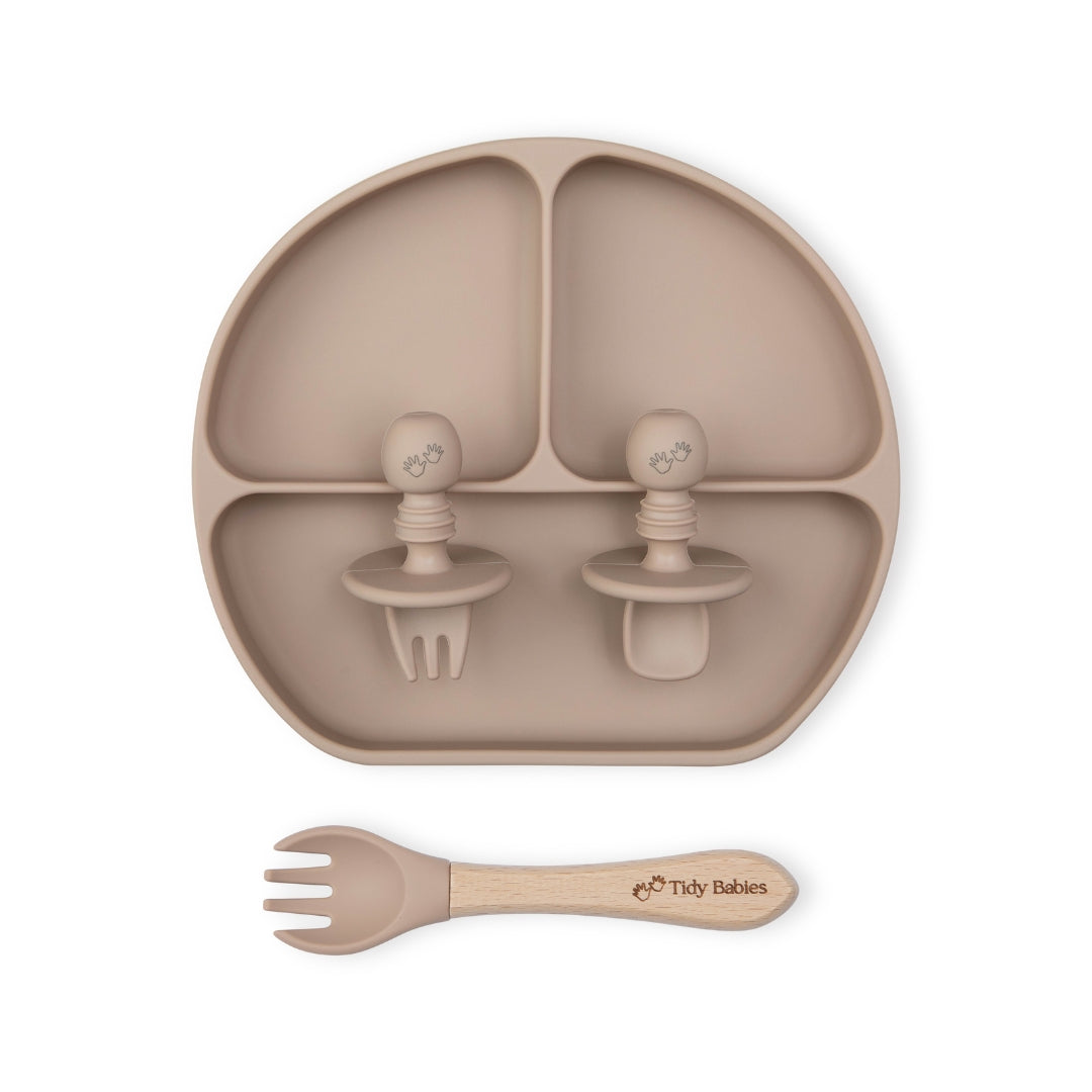 Baby Led Weaning Mealtime Feeding Set – 4 Piece Baby Silicone Bundle Taupe Brown Silicone Bundles Silicone Divided Baby Plate Utensils