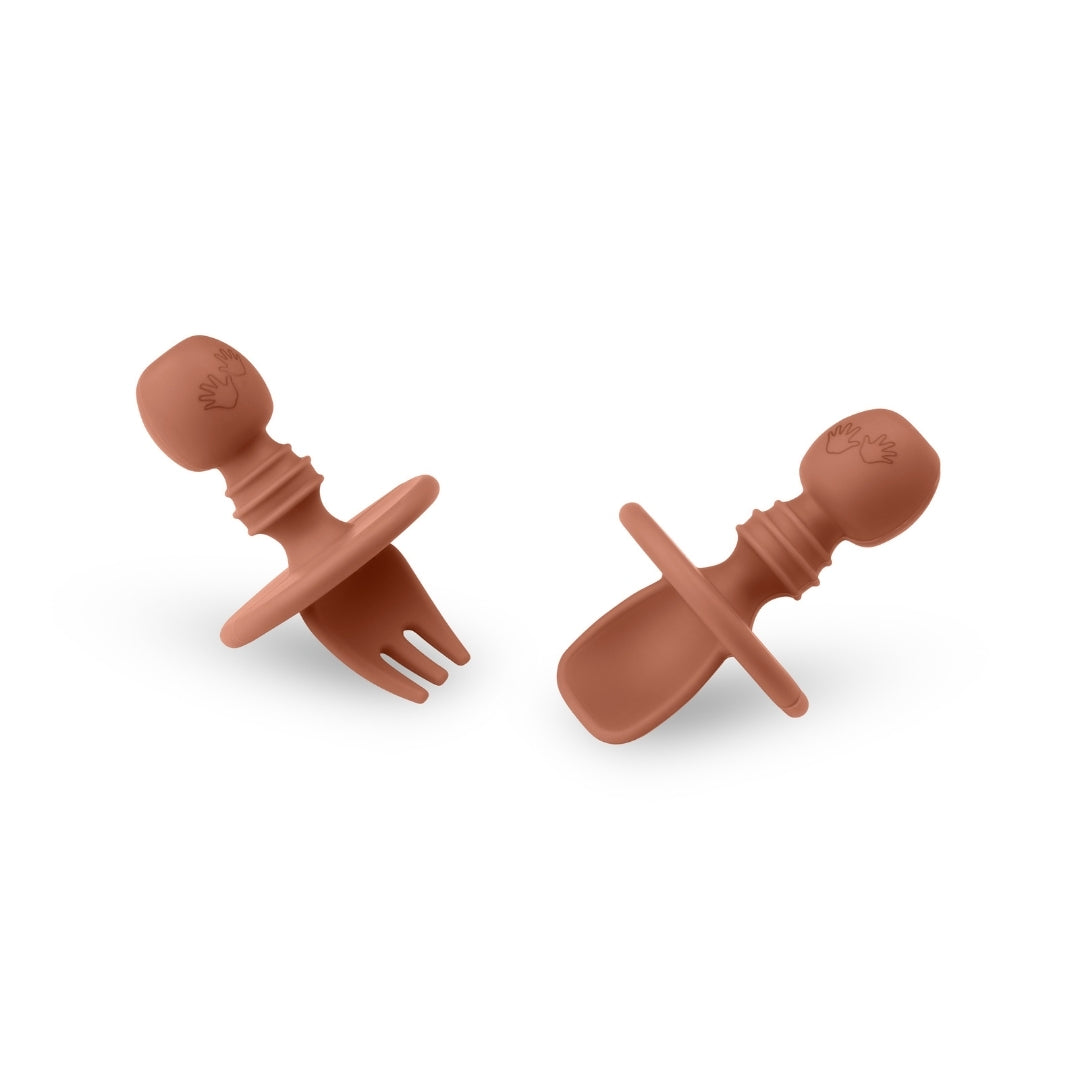 Brown silicone baby fork and spoon set for Baby Led Weaning feeding utensils
