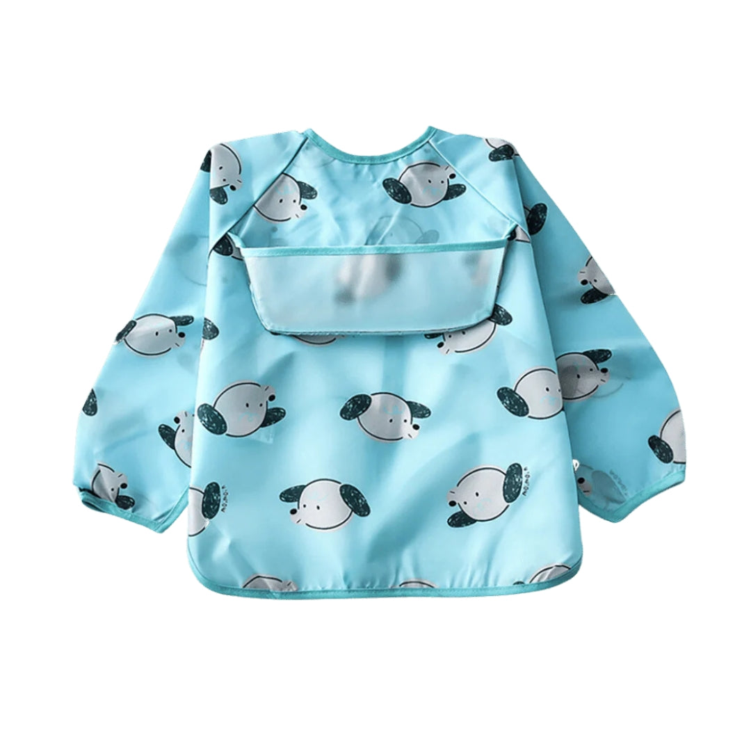 Light blue long-sleeved baby bib with dog pattern, ideal toddler apron smock or apron bib