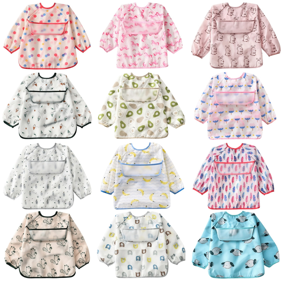 Assorted long-sleeved baby bibs shown as Baby Toddler Apron Smock Bib for kids